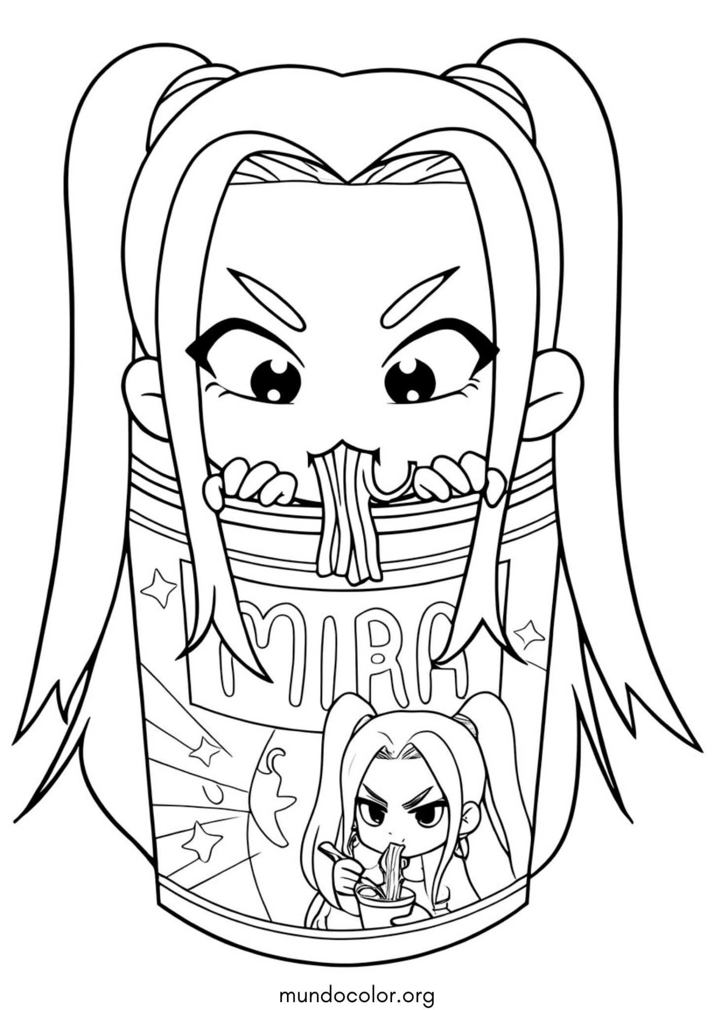 Dibujo de Mira chibi comiendo fideos (K-Pop: Cazadores de demonios) para colorear