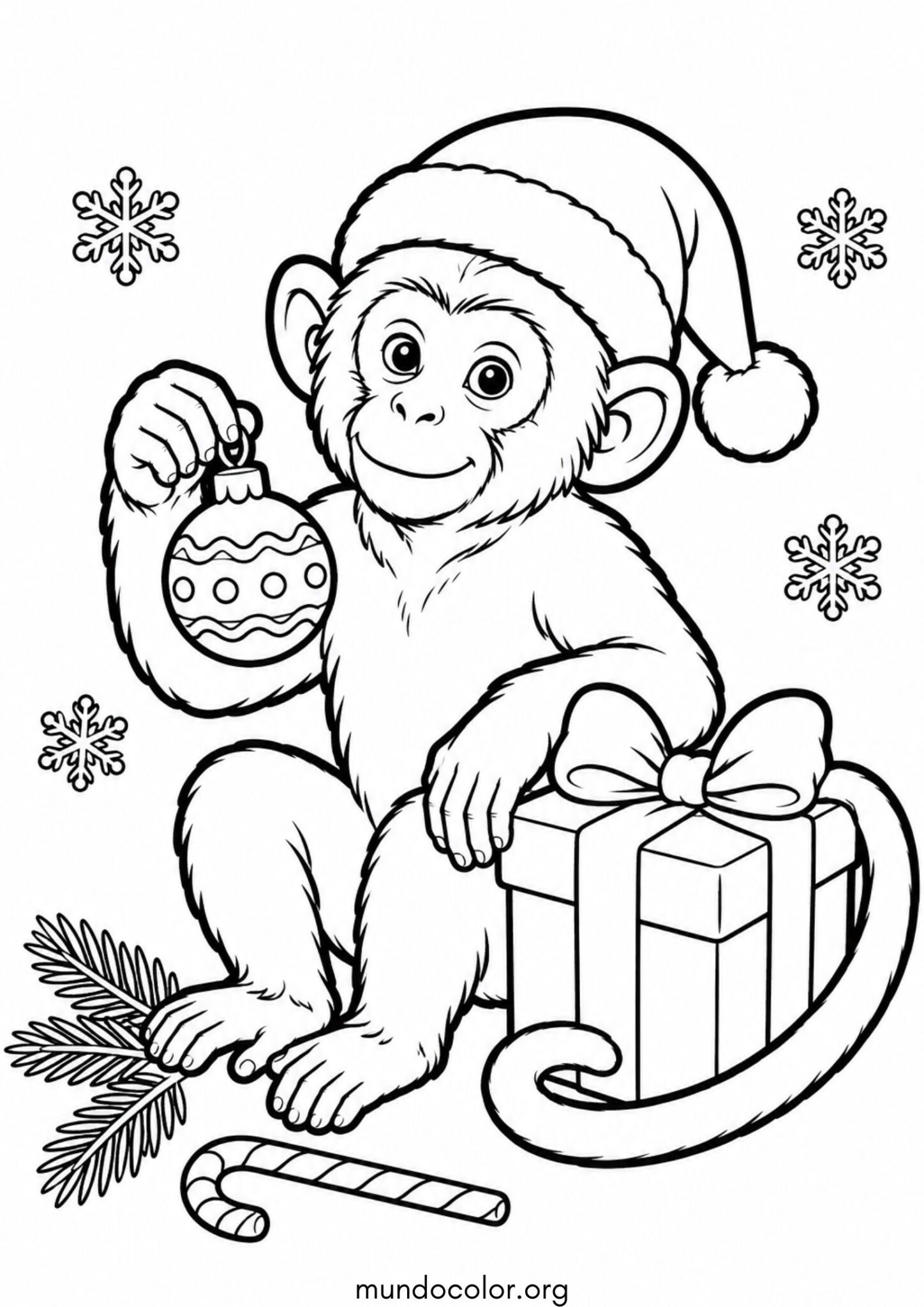 Dibujo de Mono сon gorro de Navidad para colorear