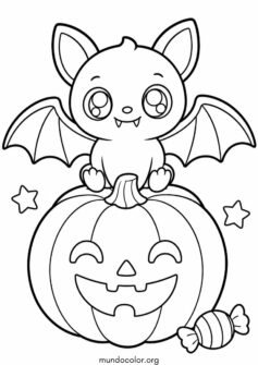 Murciélago kawaii sobre una calabaza de Halloween