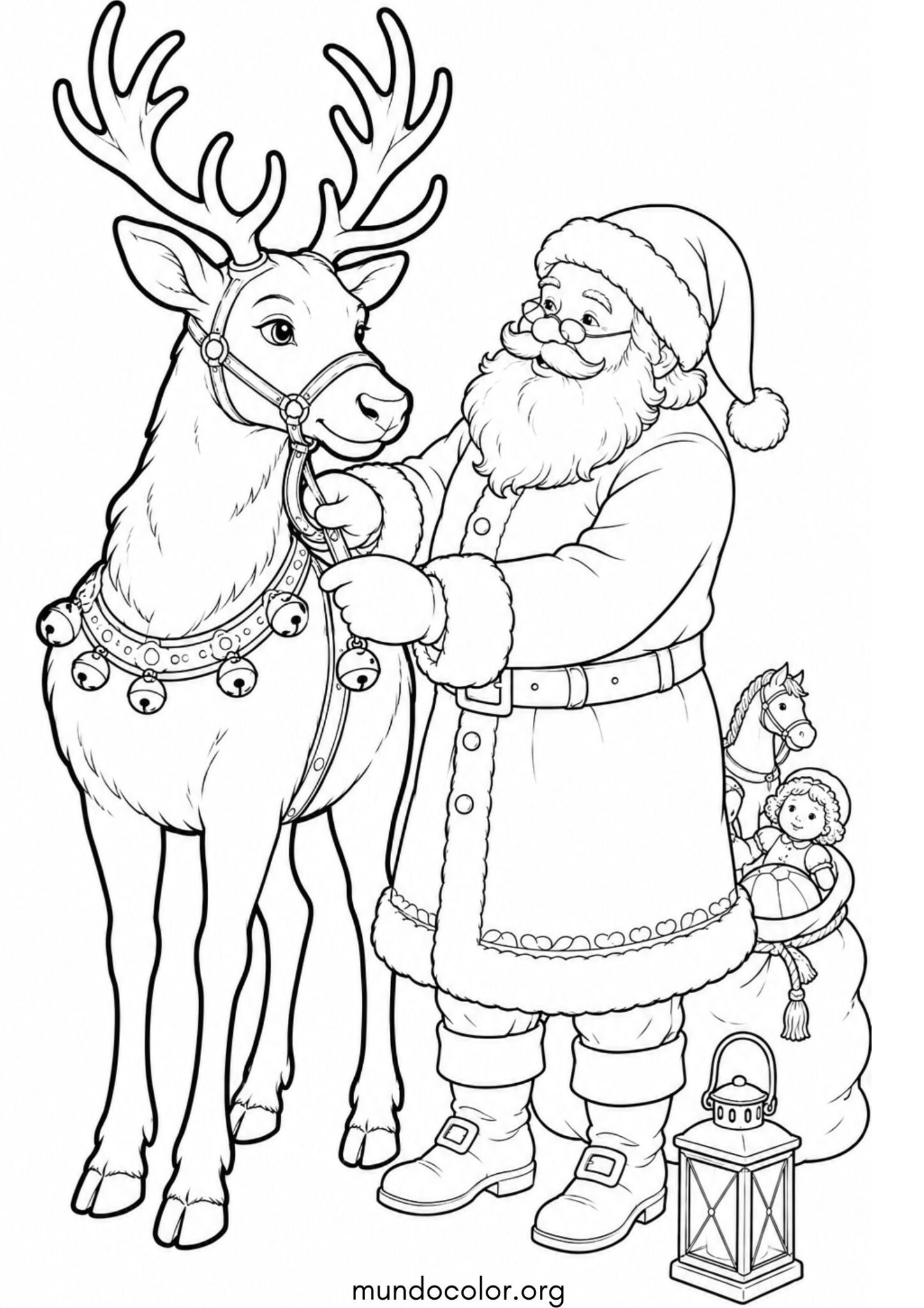 Dibujo de Papá Noel y su ciervo navideño para colorear