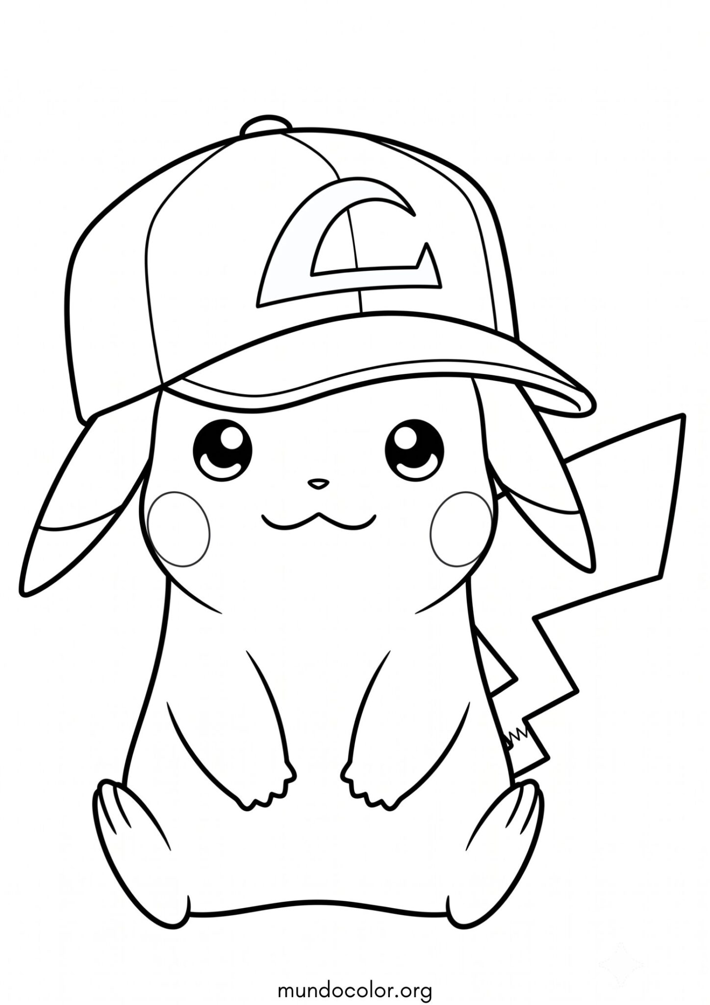 Dibujo de Pikachu con gorra grande para imprimir Dibujo de Pikachu con gorra grande para colorear