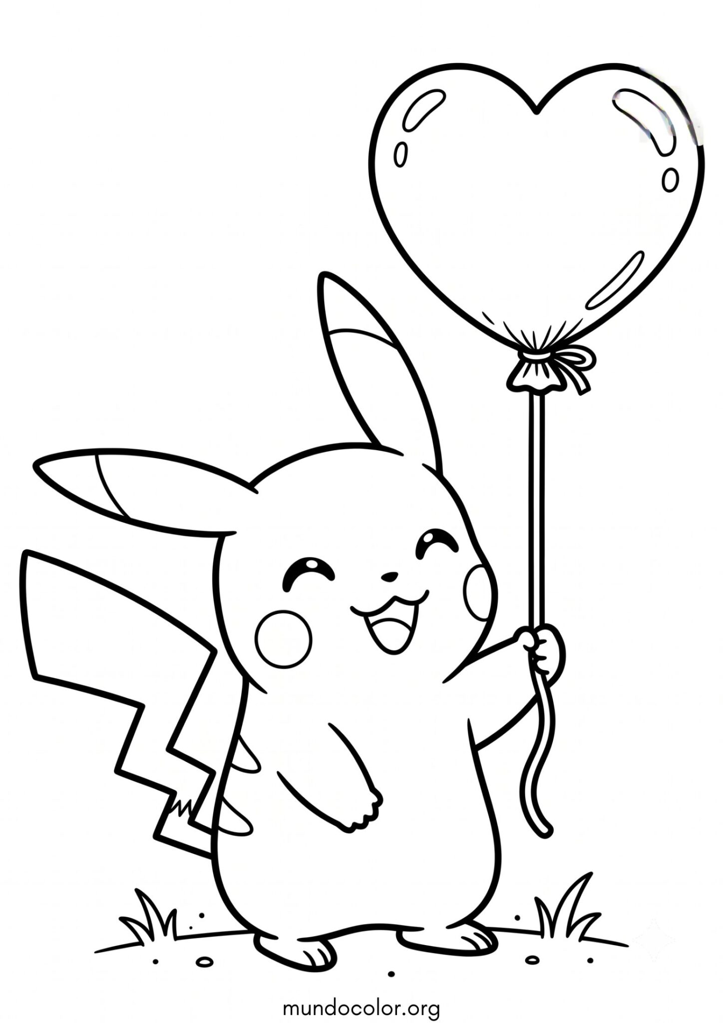 Dibujo de Pikachu con un globo de corazón para colorear