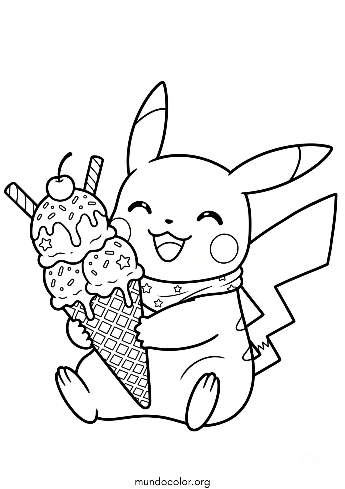 Dibujo de Pikachu con un helado para imprimir Dibujo de Pikachu con un helado para colorear