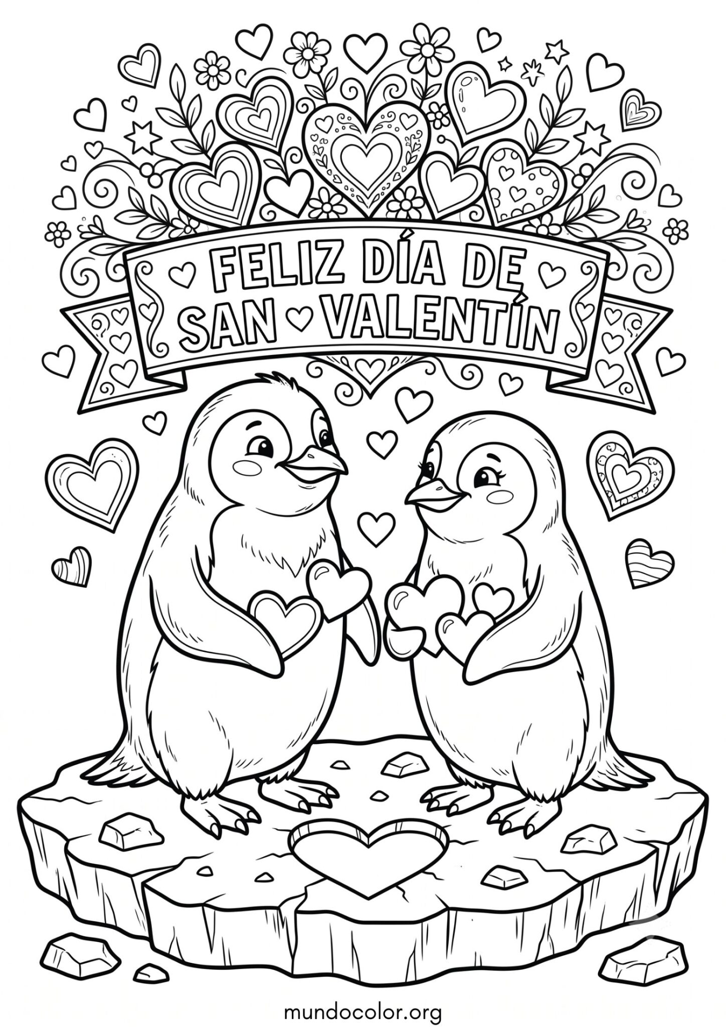 Dibujo de Pingüinos con corazones en un iceberg de San Valentín para imprimir Dibujo de Pingüinos con corazones en un iceberg de San Valentín para colorear