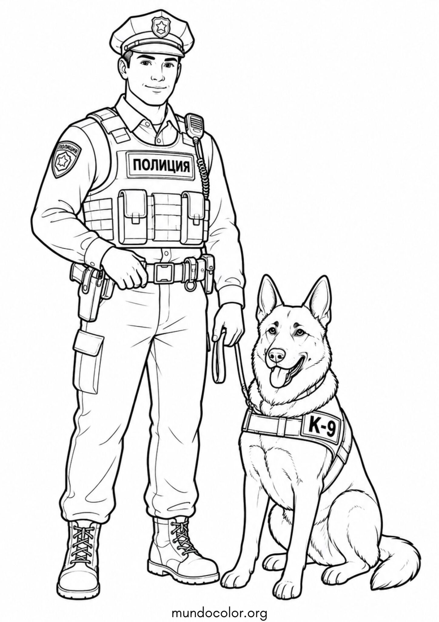 Dibujo de Policía con perro pastor alemán para imprimir Dibujo de Policía con perro pastor alemán para colorear