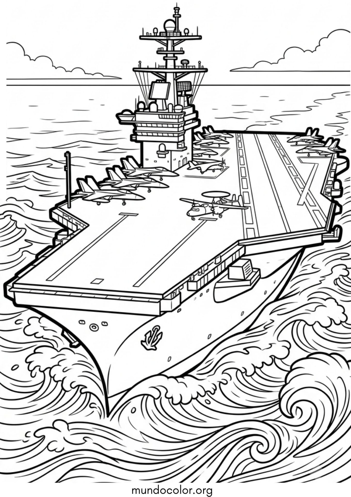 Dibujo de Portaaviones militar en el océano para imprimir Dibujo de Portaaviones militar en el océano para colorear