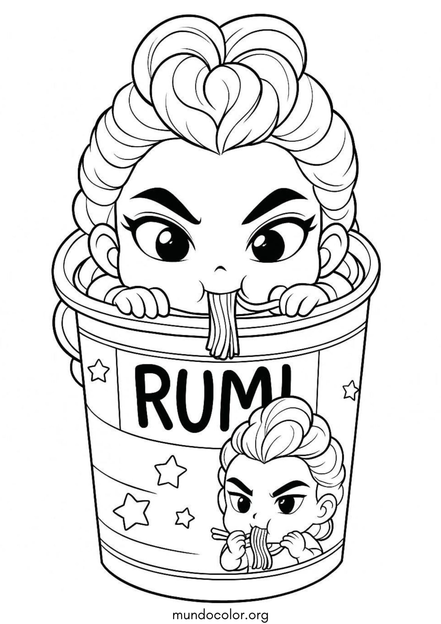 Dibujo de Rumi chibi comiendo fideos (K-Pop: Cazadores de demonios) para colorear