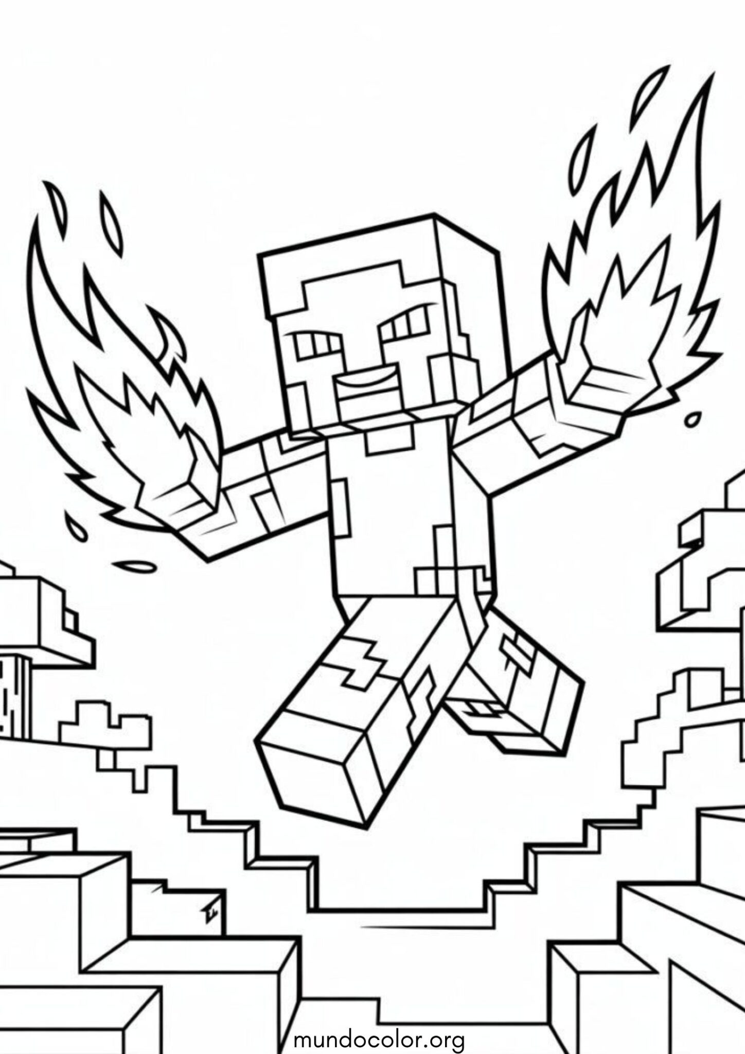Dibujo de Steve con fuego de Minecraft para colorear