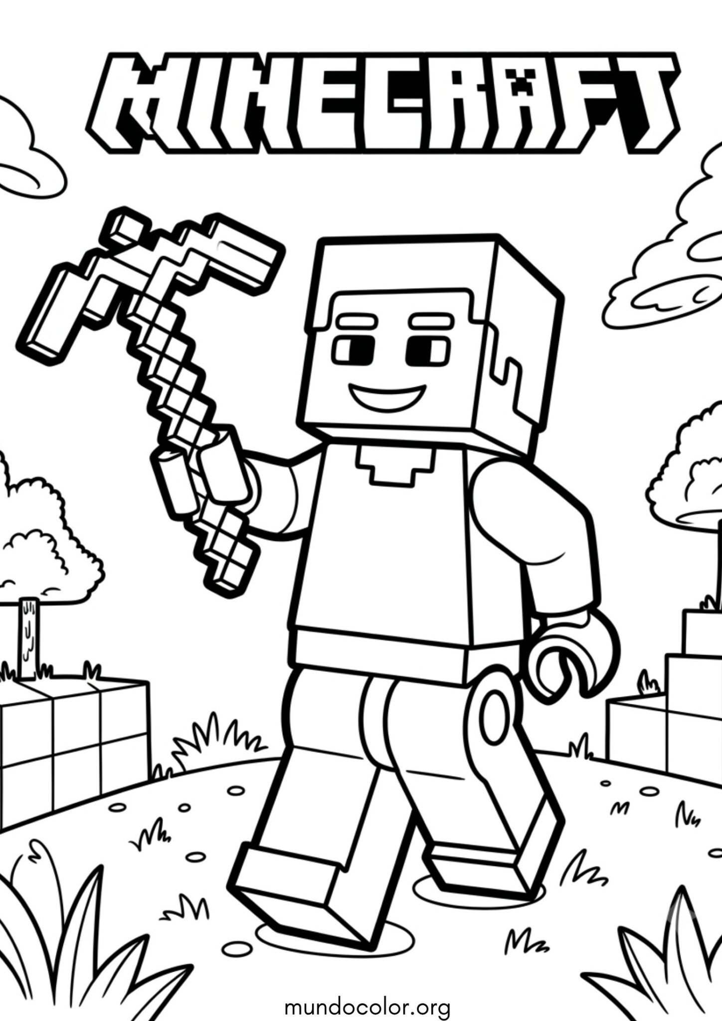Dibujo de Steve con un pico de Minecraft para colorear