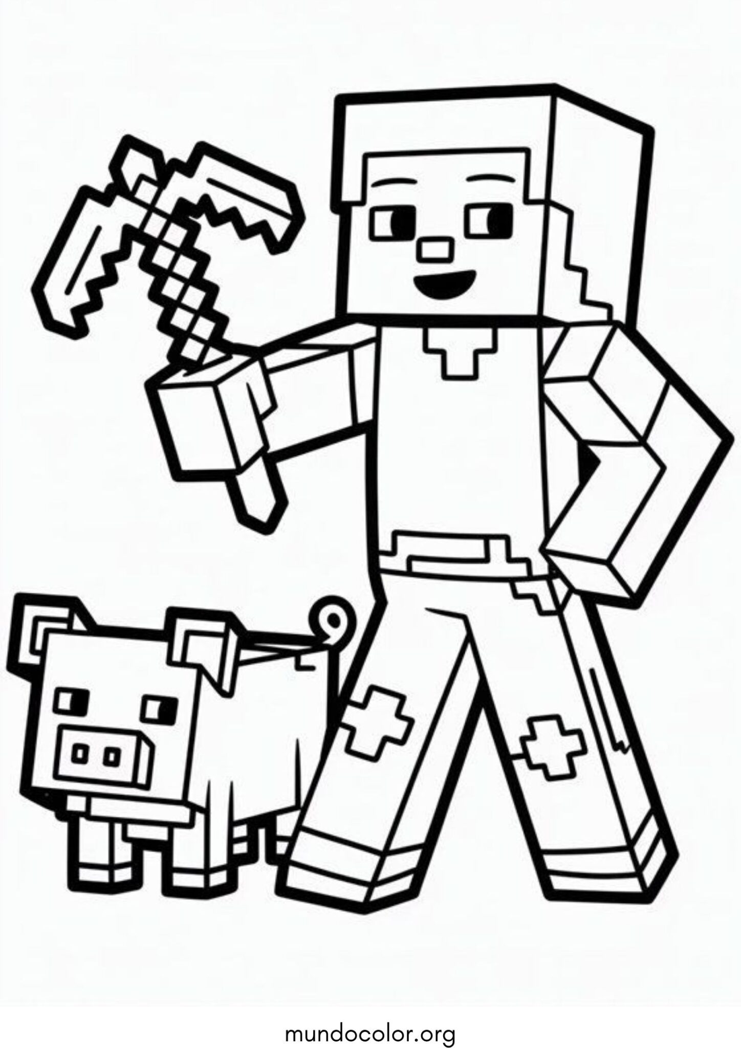 Dibujo de Steve con un pico и un cerdito de Minecraft para colorear