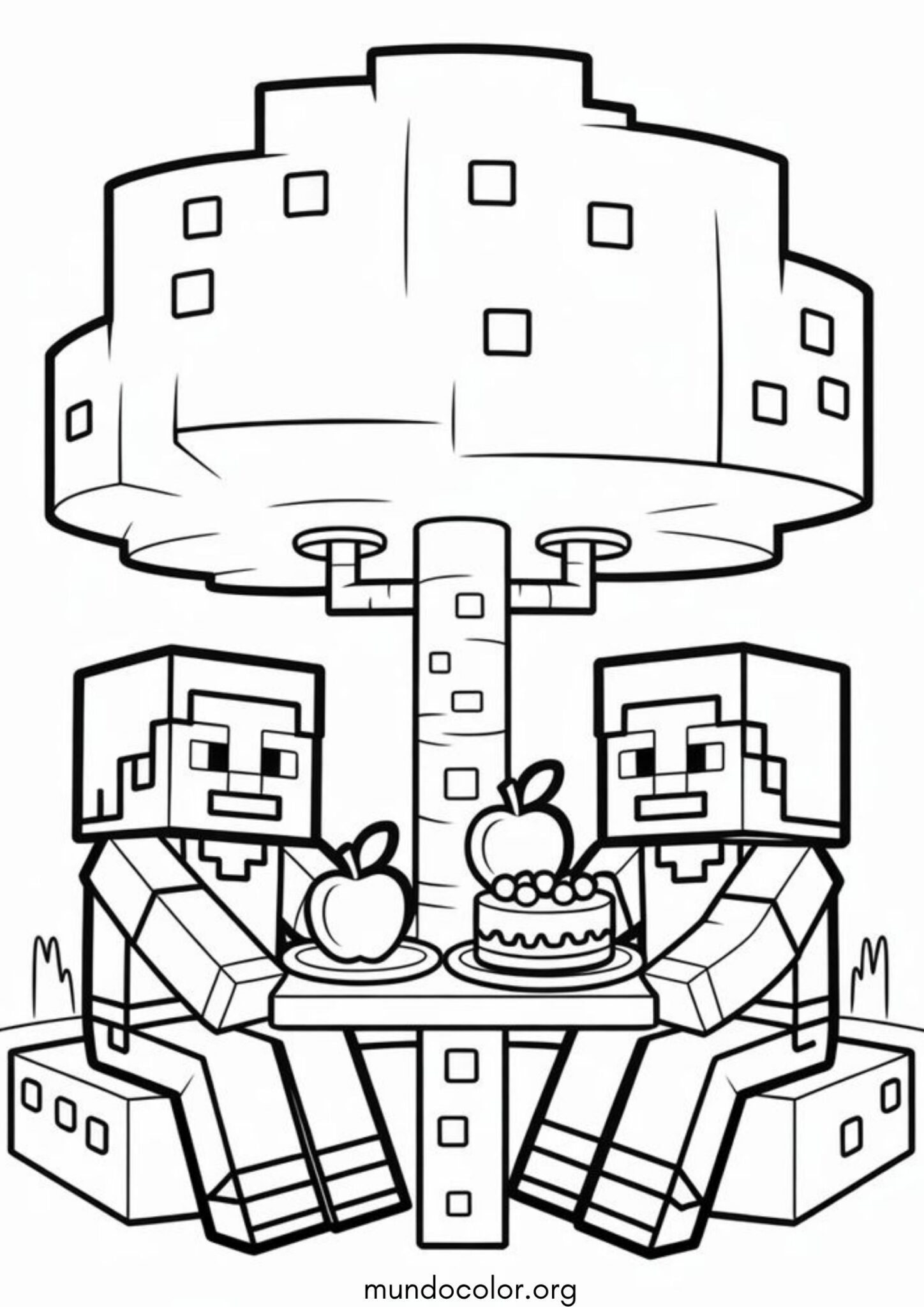 Dibujo de Steve y Alex de picnic en Minecraft para colorear