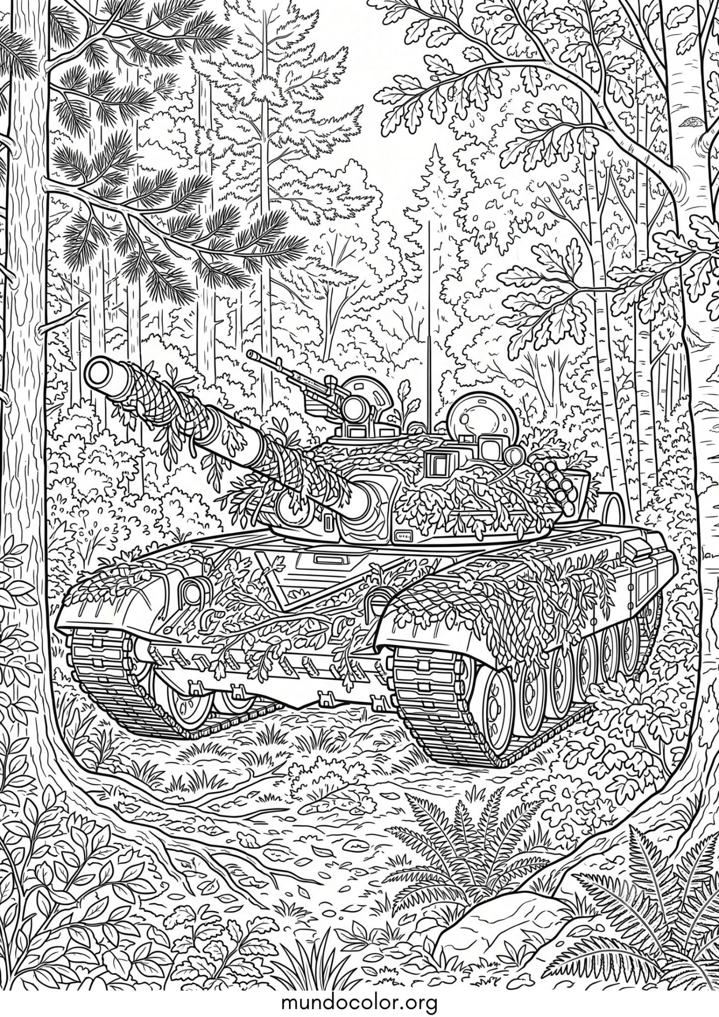 Dibujo de Tanque camuflado en el bosque para colorear