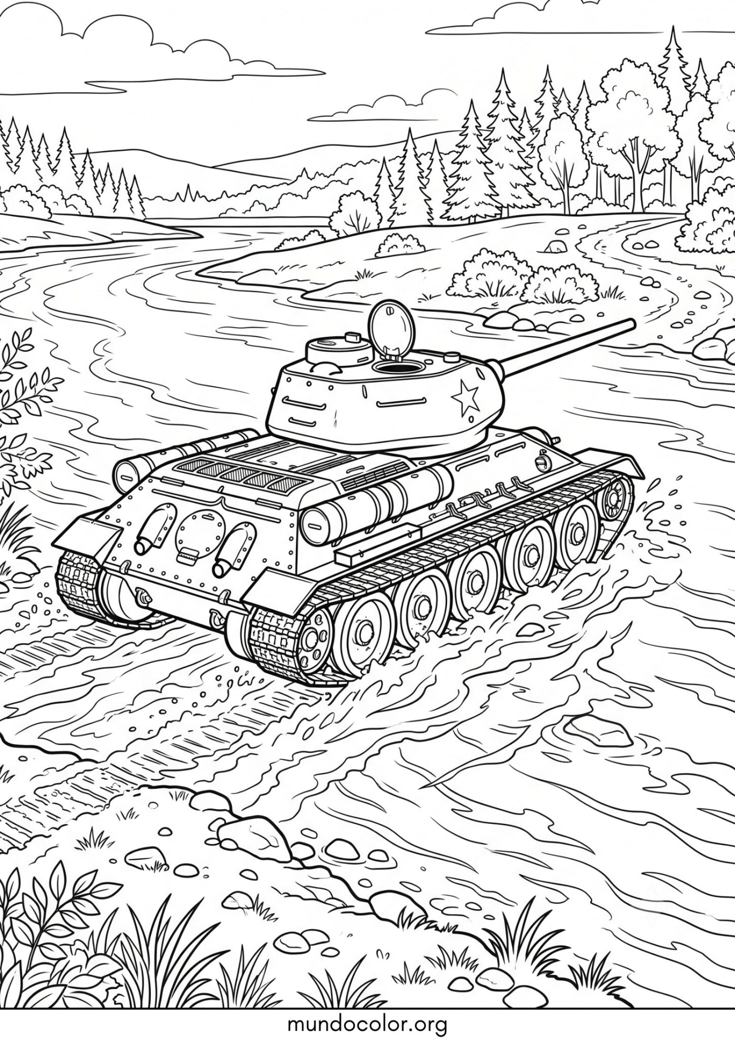 Dibujo de Tanque de guerra blindado cruzando un río para colorear