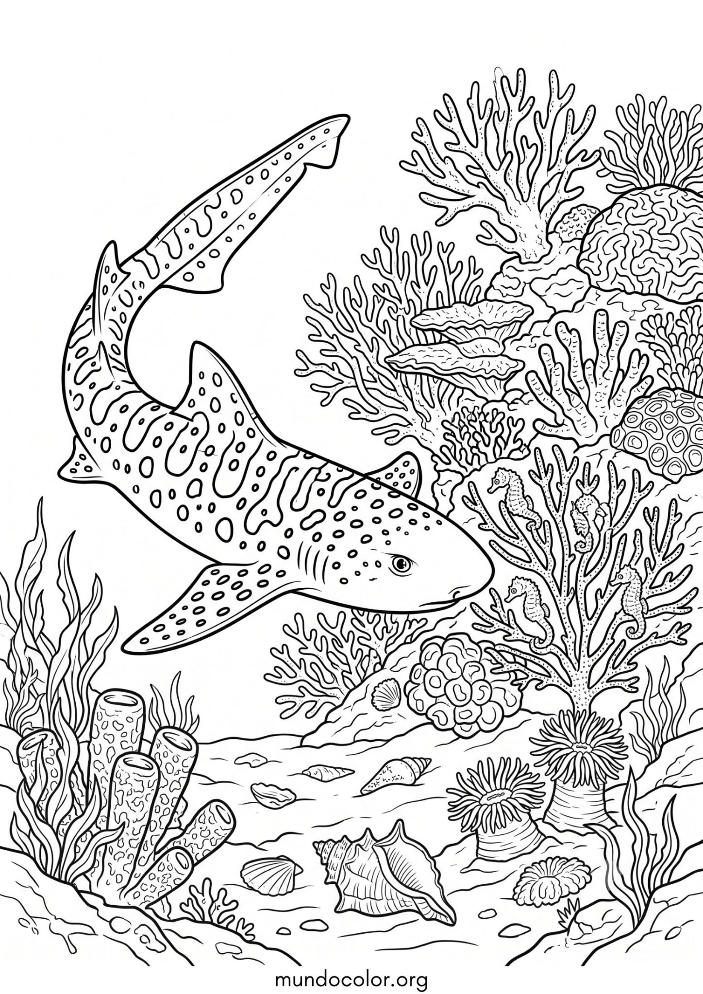 Dibujo de Tiburón cebra en el arrecife de coral tropical para colorear