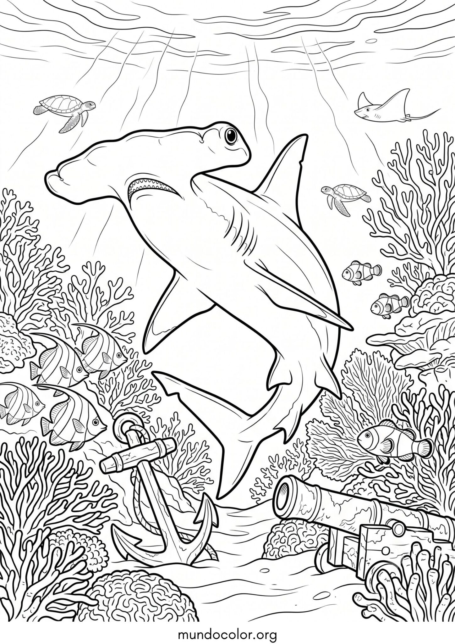Dibujo de Tiburón martillo en el océano para colorear