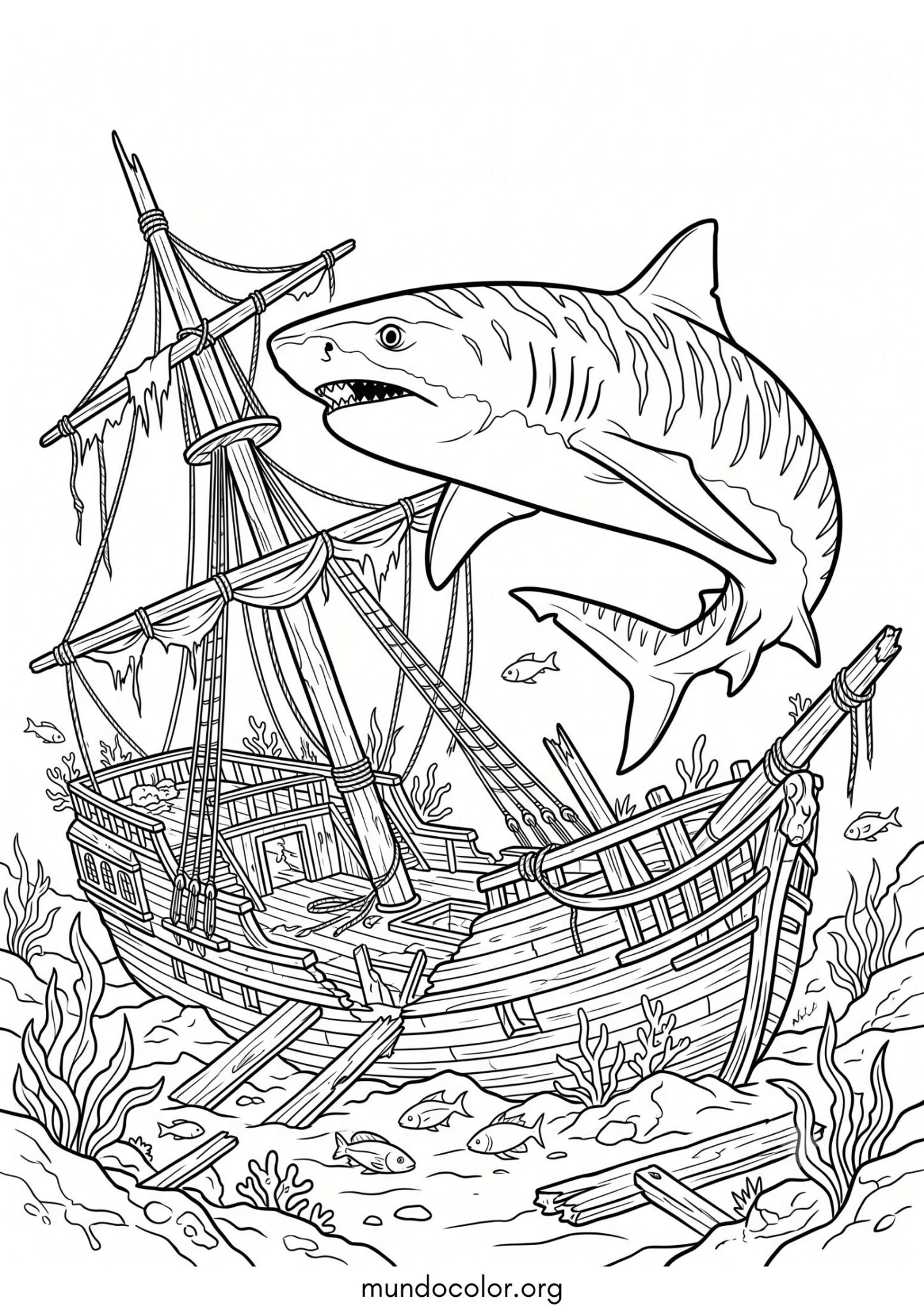 Dibujo de Tiburón tigre en un barco hundido en el fondo del mar para colorear