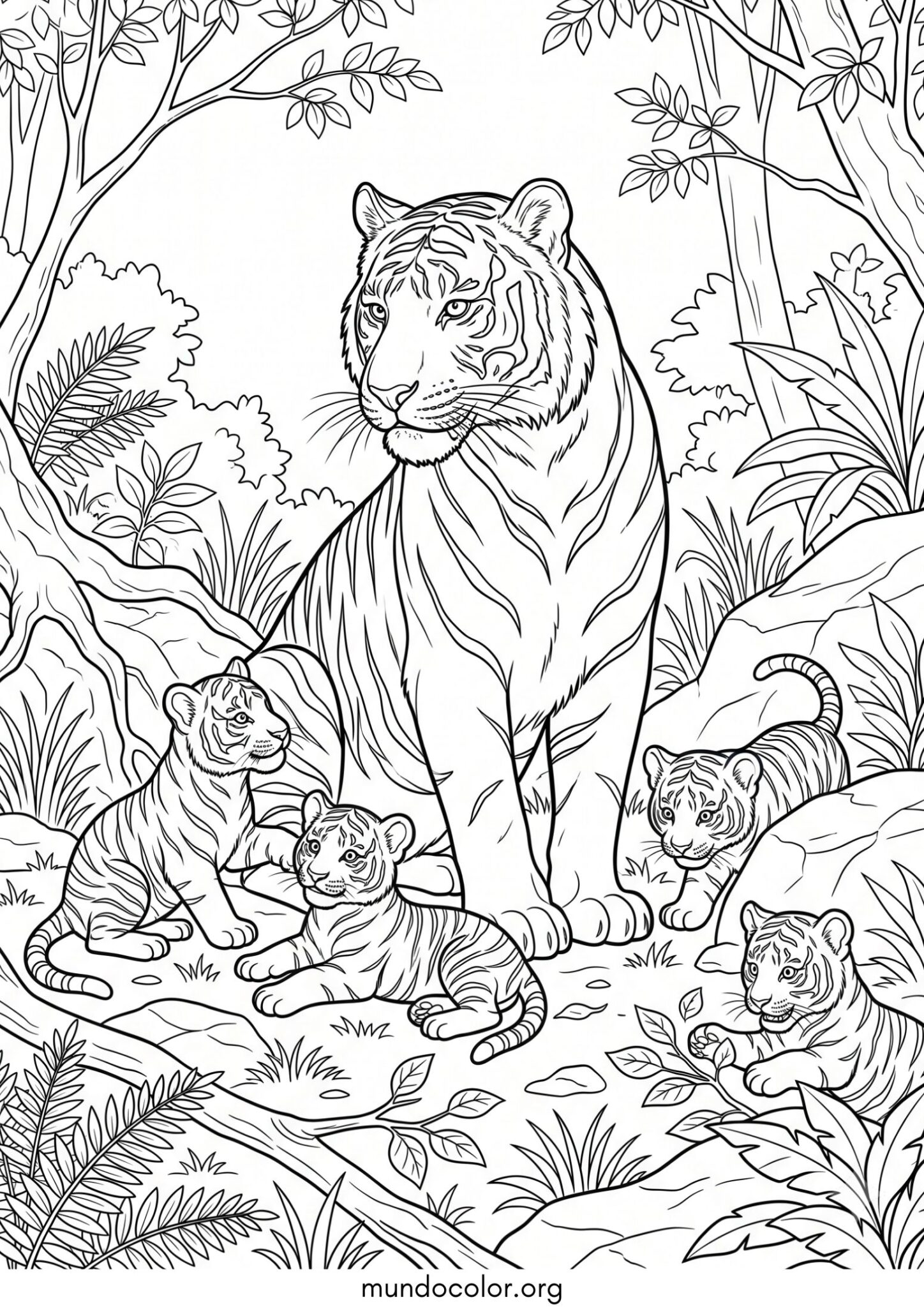 Dibujo de Tigresa con sus cachorros de tigre para colorear
