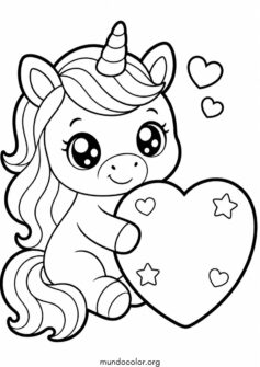 Unicornio kawaii con un corazón grande de San Valentín