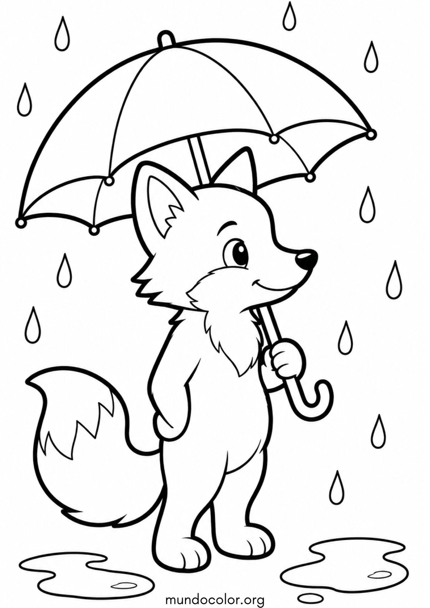 Dibujo de Zorro bajo la lluvia con paragua para colorear