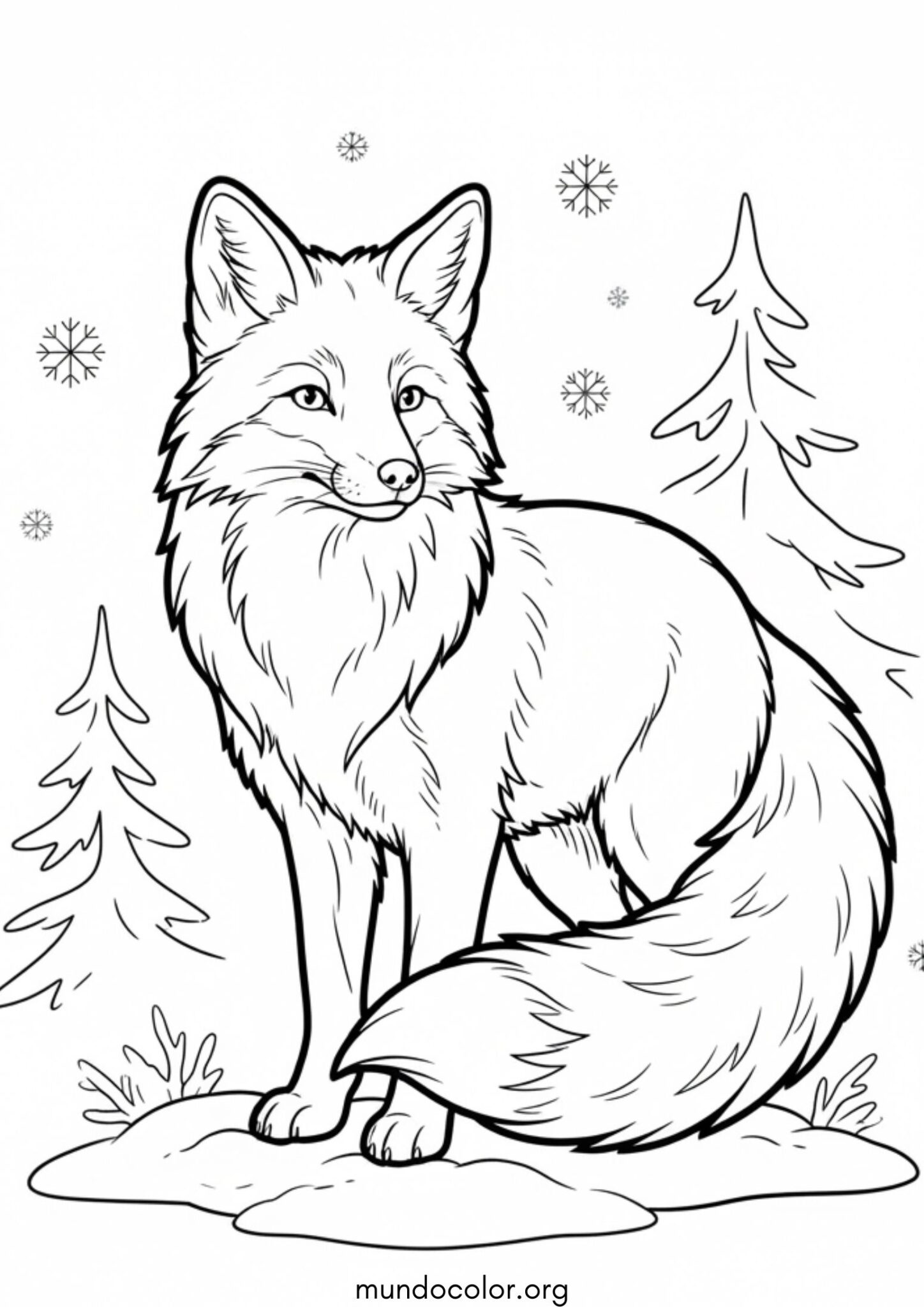 Dibujo de Zorro en el bosque de invierno para colorear