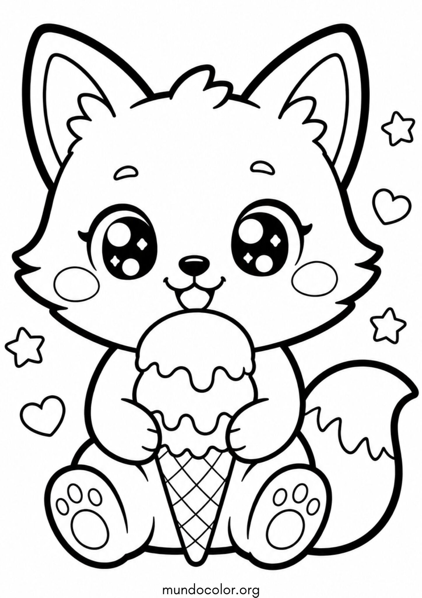 Dibujo de Zorro kawaii con un helado para colorear