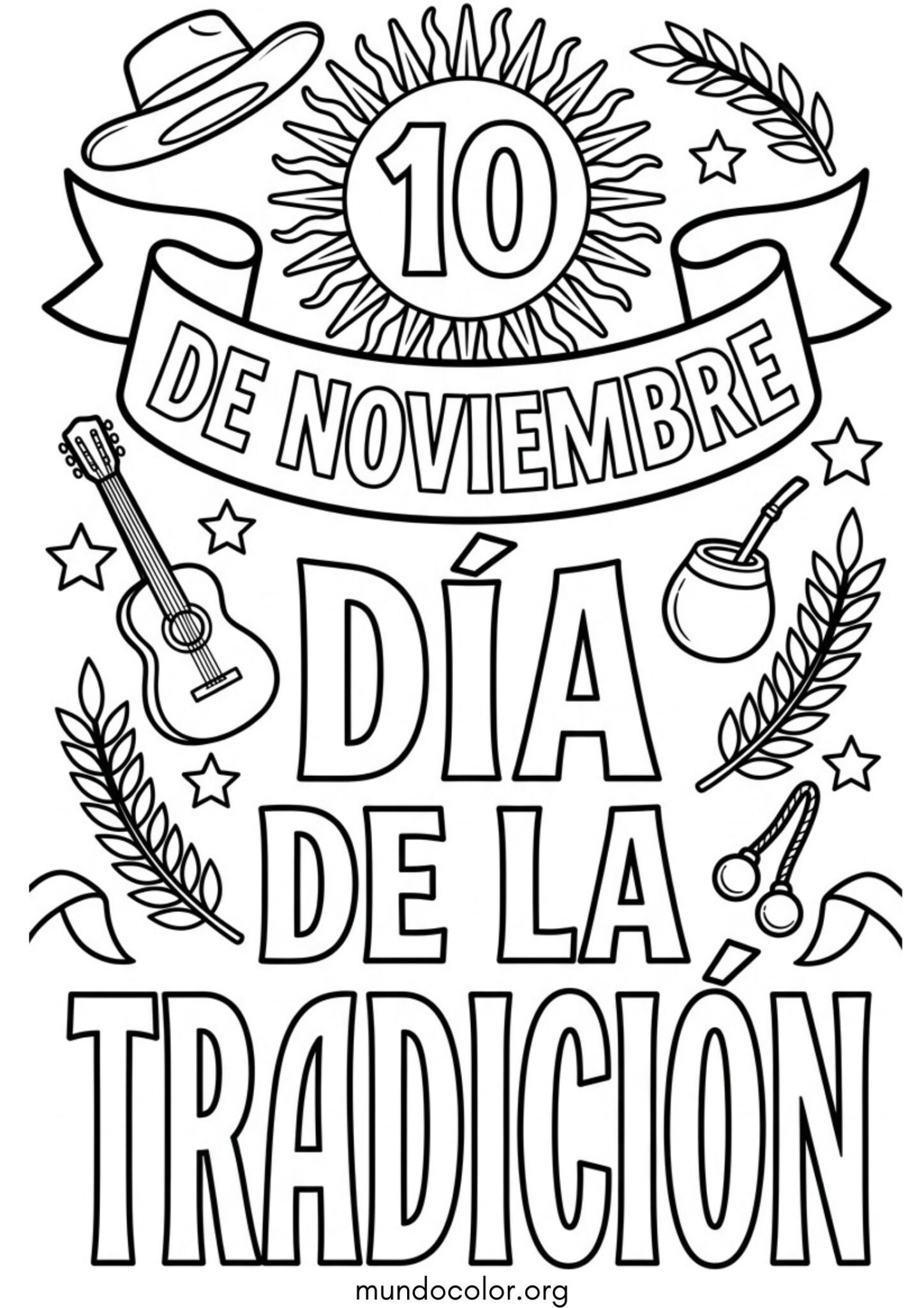 Dibujo de Cartel del 10 de Noviembre Día de la Tradición con letras grandes para colorear