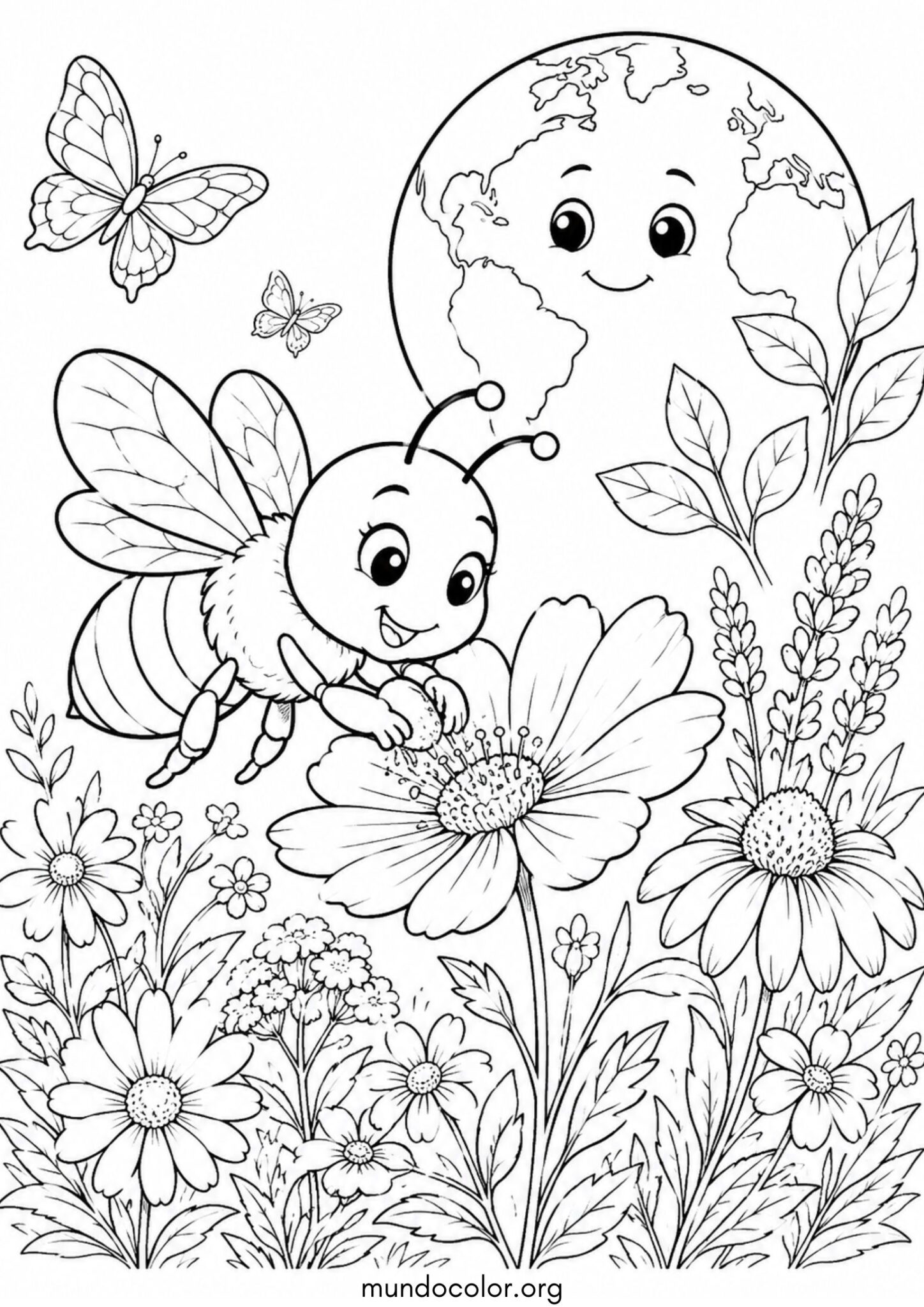 Dibujo de Día del Medio Ambiente – Abeja feliz polinizando flores silvestres para salvar el planeta para colorear