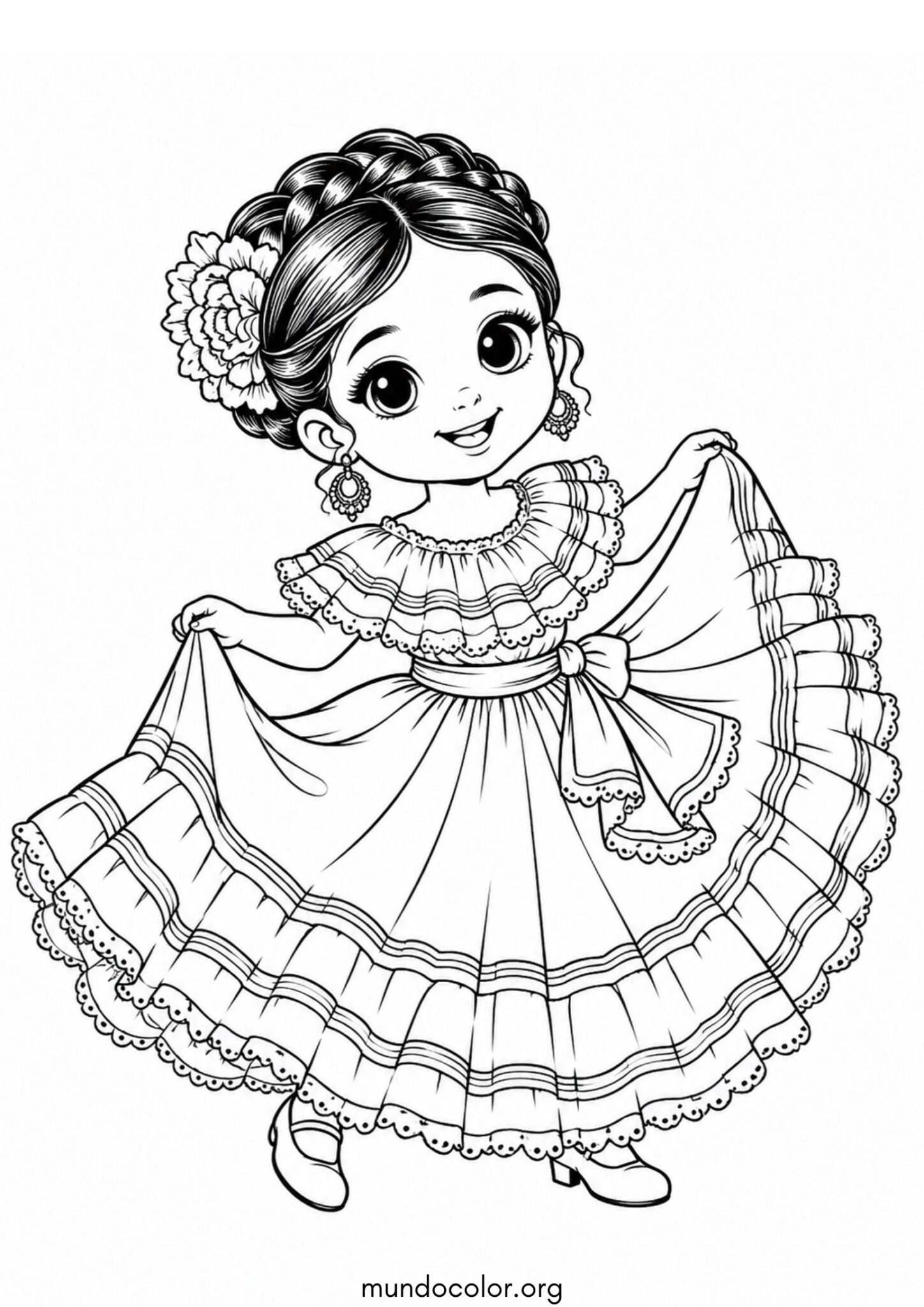 Día de la Revolución Mexicana – Adelita infantil feliz bailando para imprimir y pintar Dibujo de Día de la Revolución Mexicana – Adelita infantil feliz bailando para colorear
