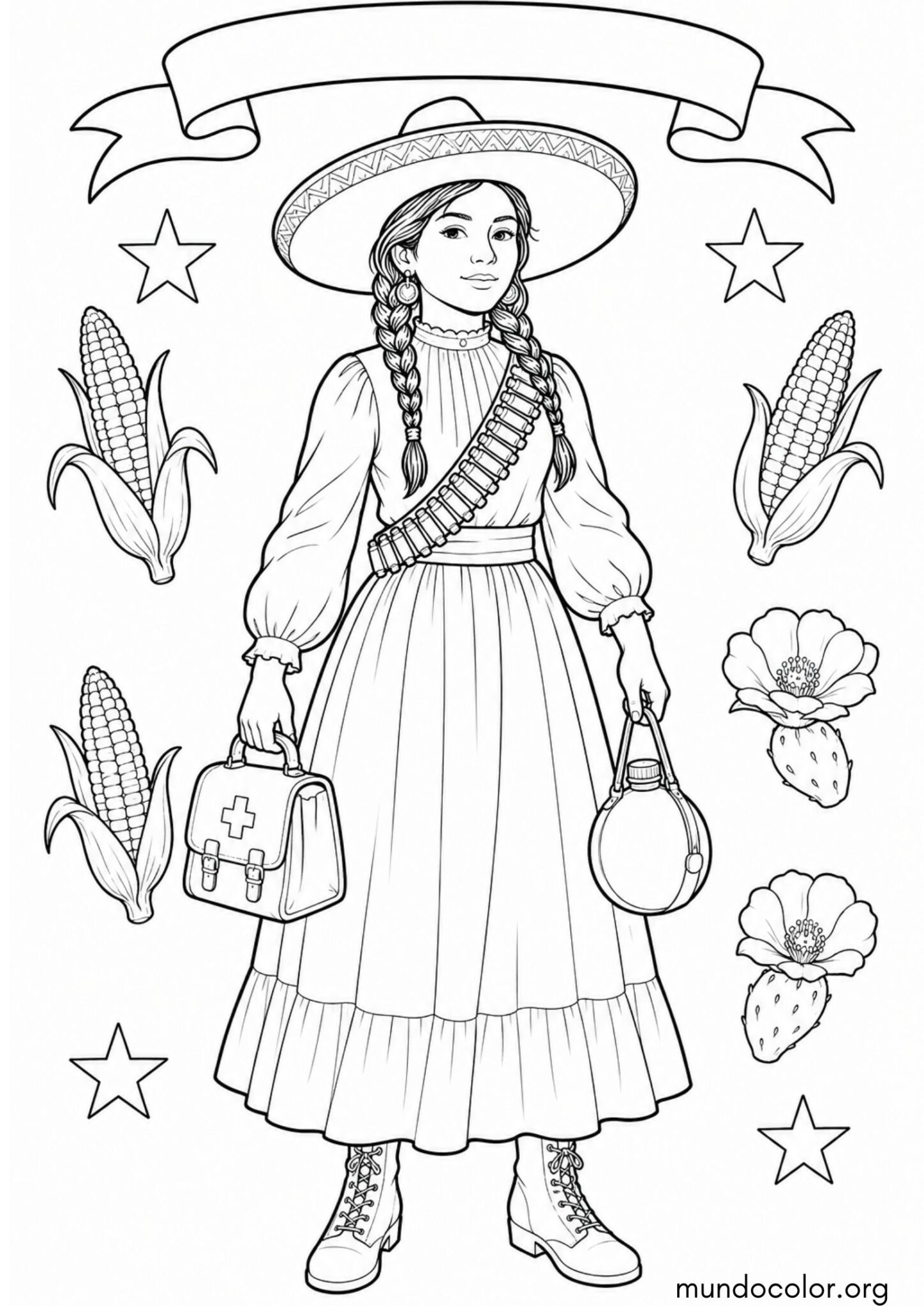 Dibujo de Día de la Revolución Mexicana – Adelita revolucionaria con canana y trenzas para colorear