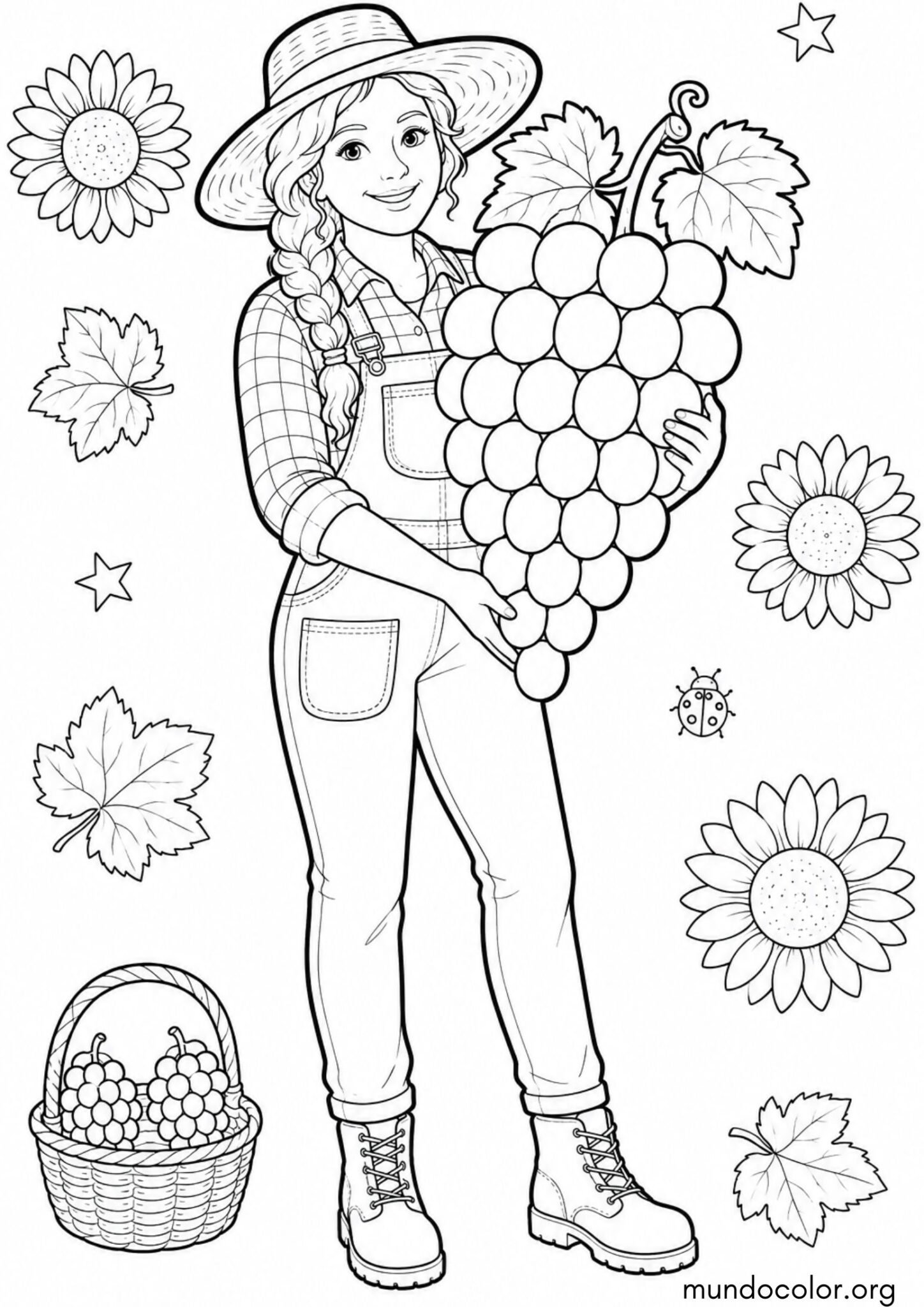 Dibujo de Fiesta de la Vendimia – Agricultor con un gran racimo de uvas sonriente para colorear