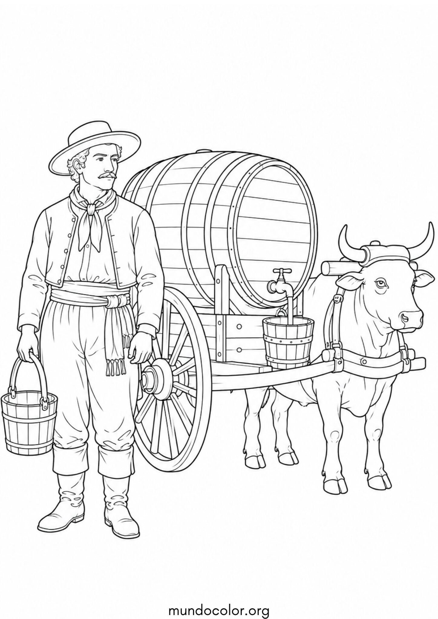 Dibujo de Revolución de Mayo – Aguatero colonial con su carreta y barril de agua fresca para colorear