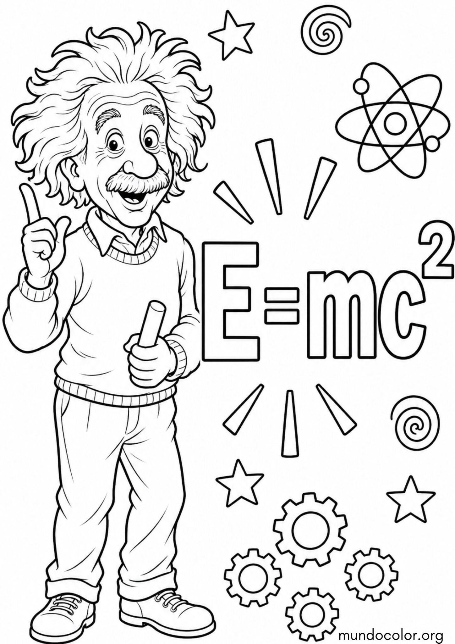 Dibujo de Día Mundial de la Ciencia – Albert Einstein con su famosa fórmula E=mc² y su pelo divertido para colorear