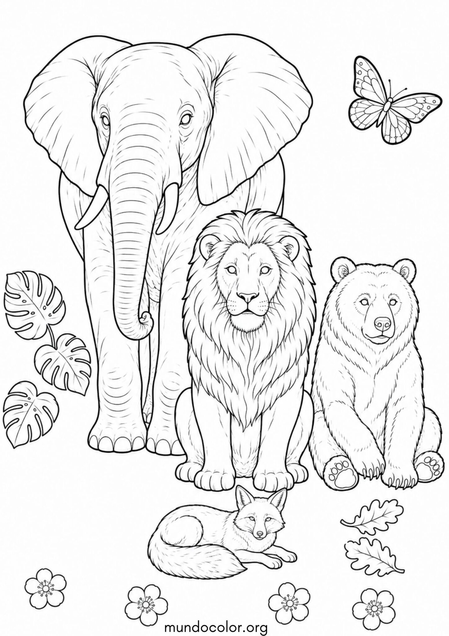 Dibujo de Día Mundial de los Animales – Animales de la selva y el bosque: león, elefante, oso y zorro para colorear