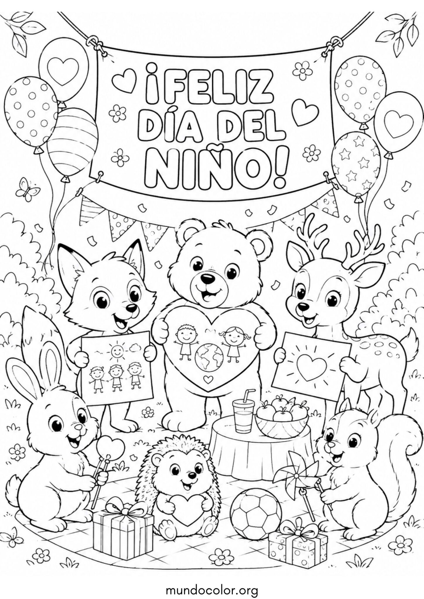 Dibujo de Día del Niño – Animalitos del bosque celebrando una fiesta infantil para colorear