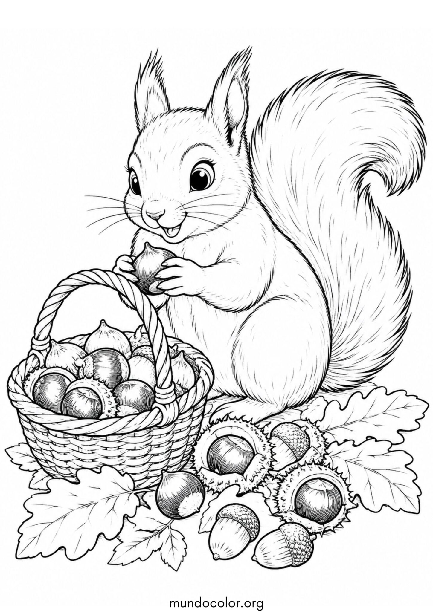 Dibujo de Ardilla feliz juntando castañas y bellotas para colorear