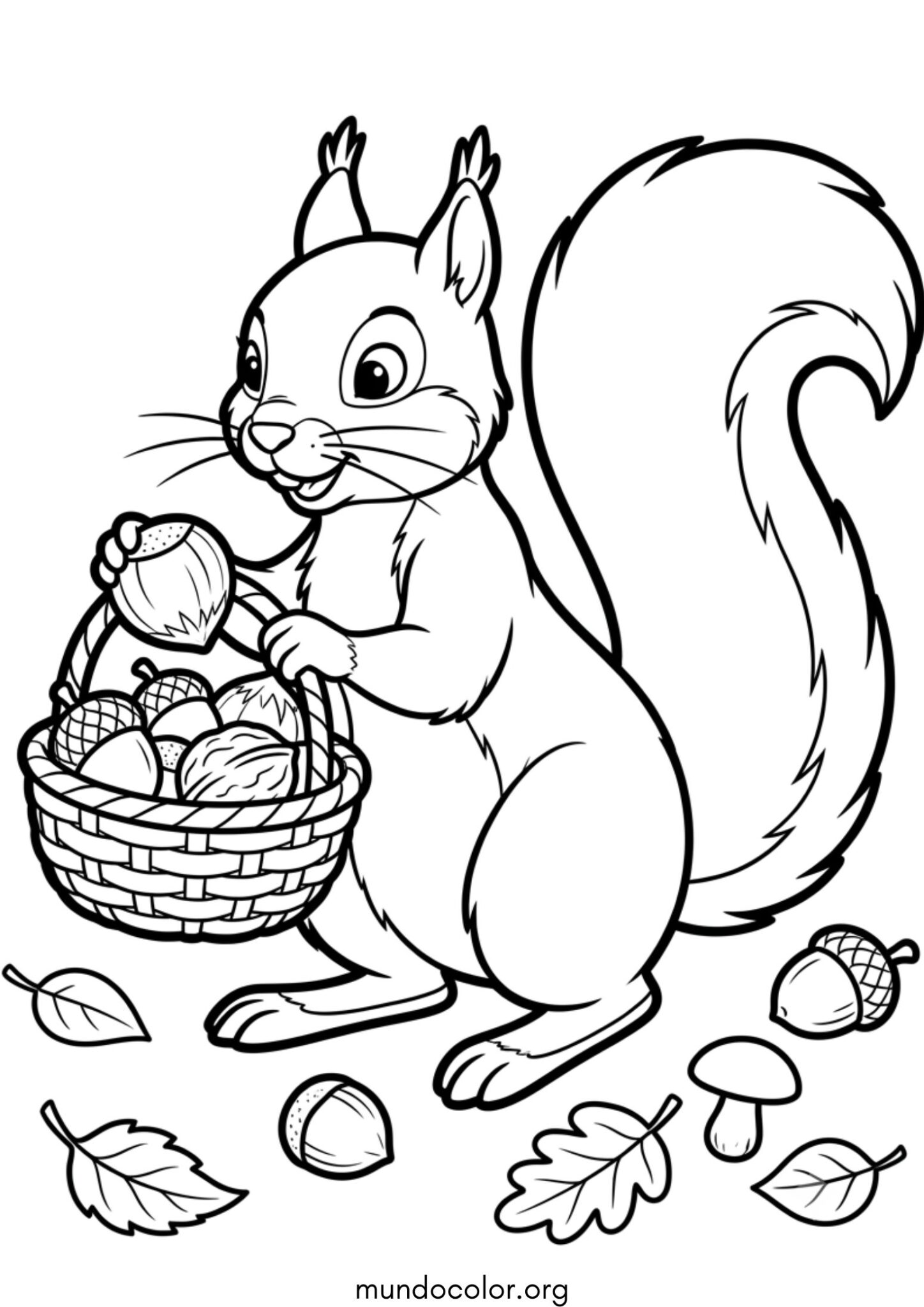 Dibujo de Otoño – Ardilla recogiendo nueces para el invierno para imprimir Dibujo de Otoño – Ardilla recogiendo nueces para el invierno para colorear