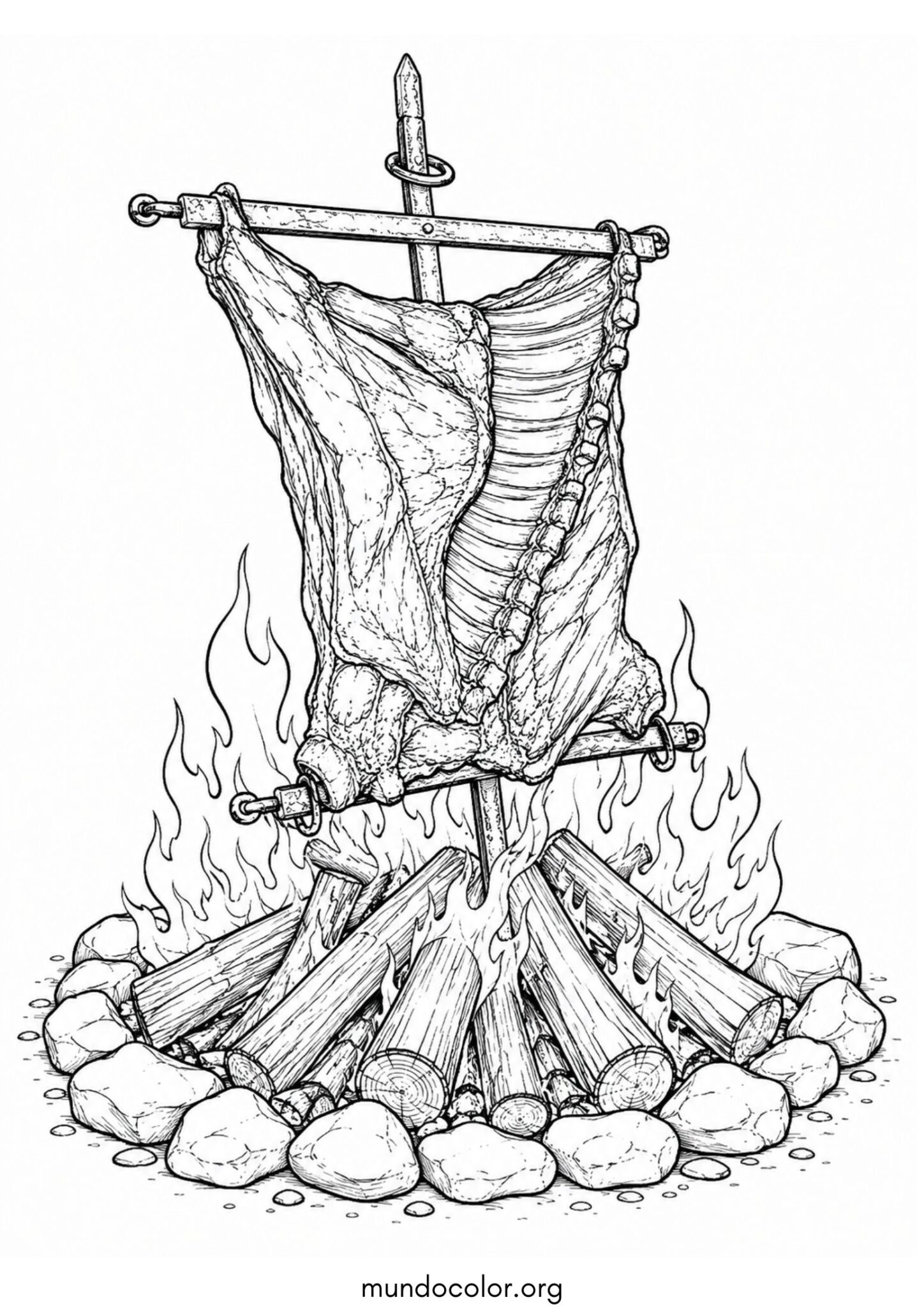 Día de la Tradición en Argentina – Asado criollo a la cruz para imprimir y pintar Dibujo de Día de la Tradición en Argentina – Asado criollo a la cruz para colorear