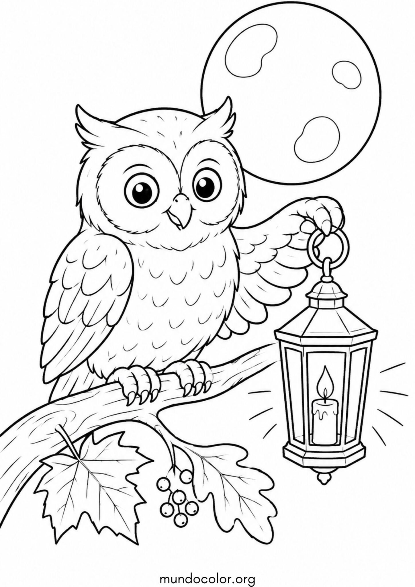 Dibujo de Búho en una rama sosteniendo un farol bajo la luna llena para colorear