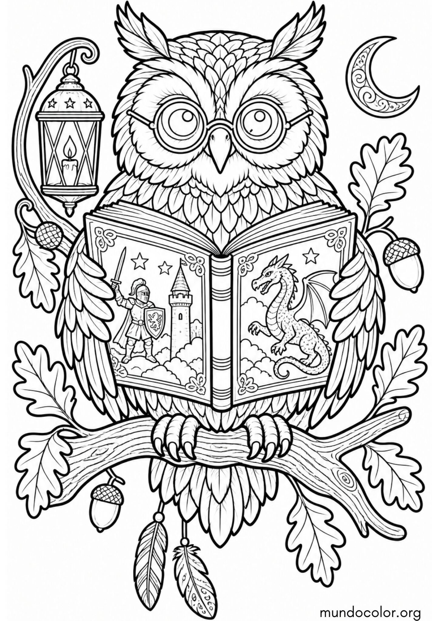 Dibujo de Búho sabio con gafas leyendo un libro de cuentos para colorear