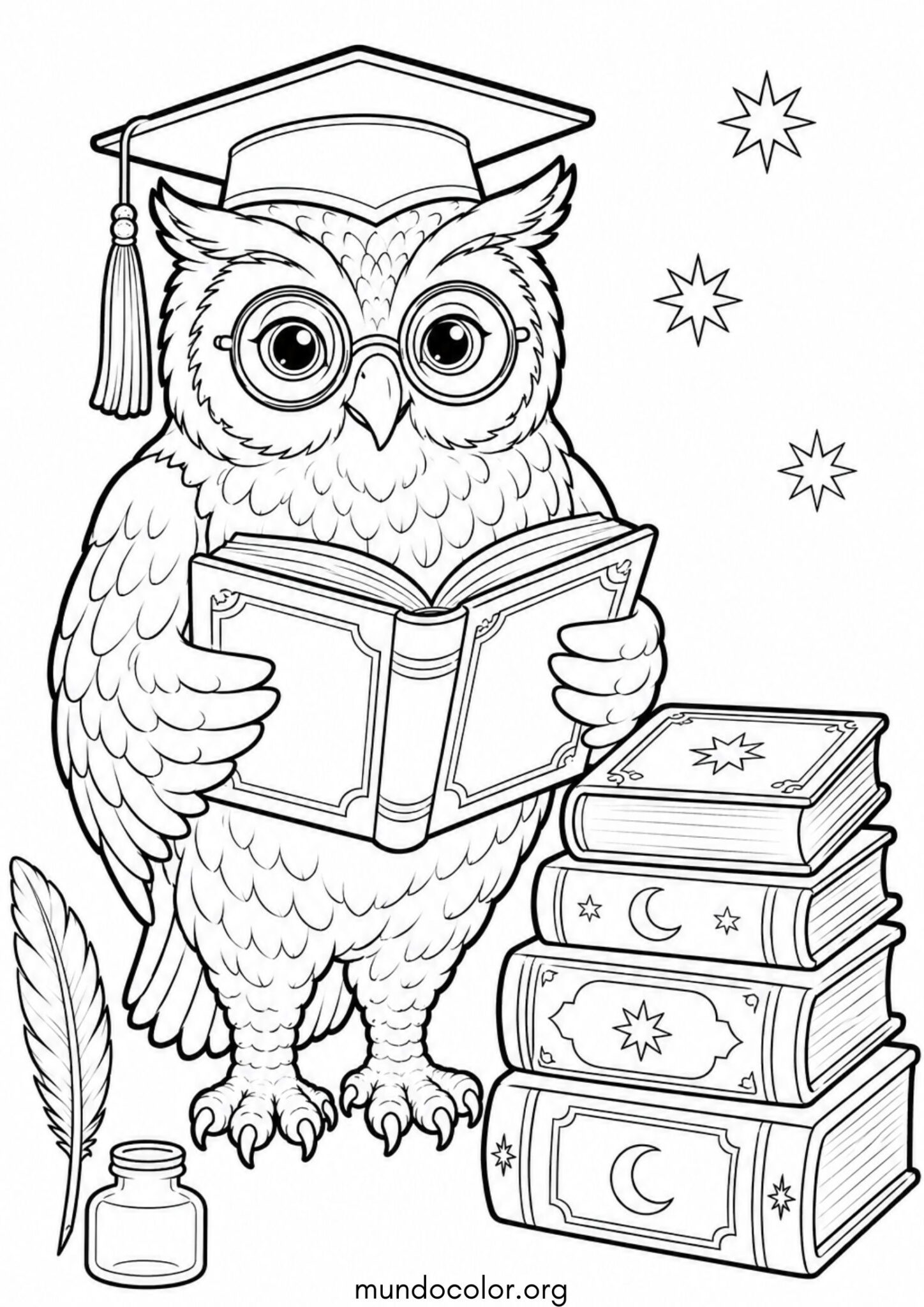 Dibujo de Vuelta al cole – Búho sabio con gafas y graduado con libros para colorear