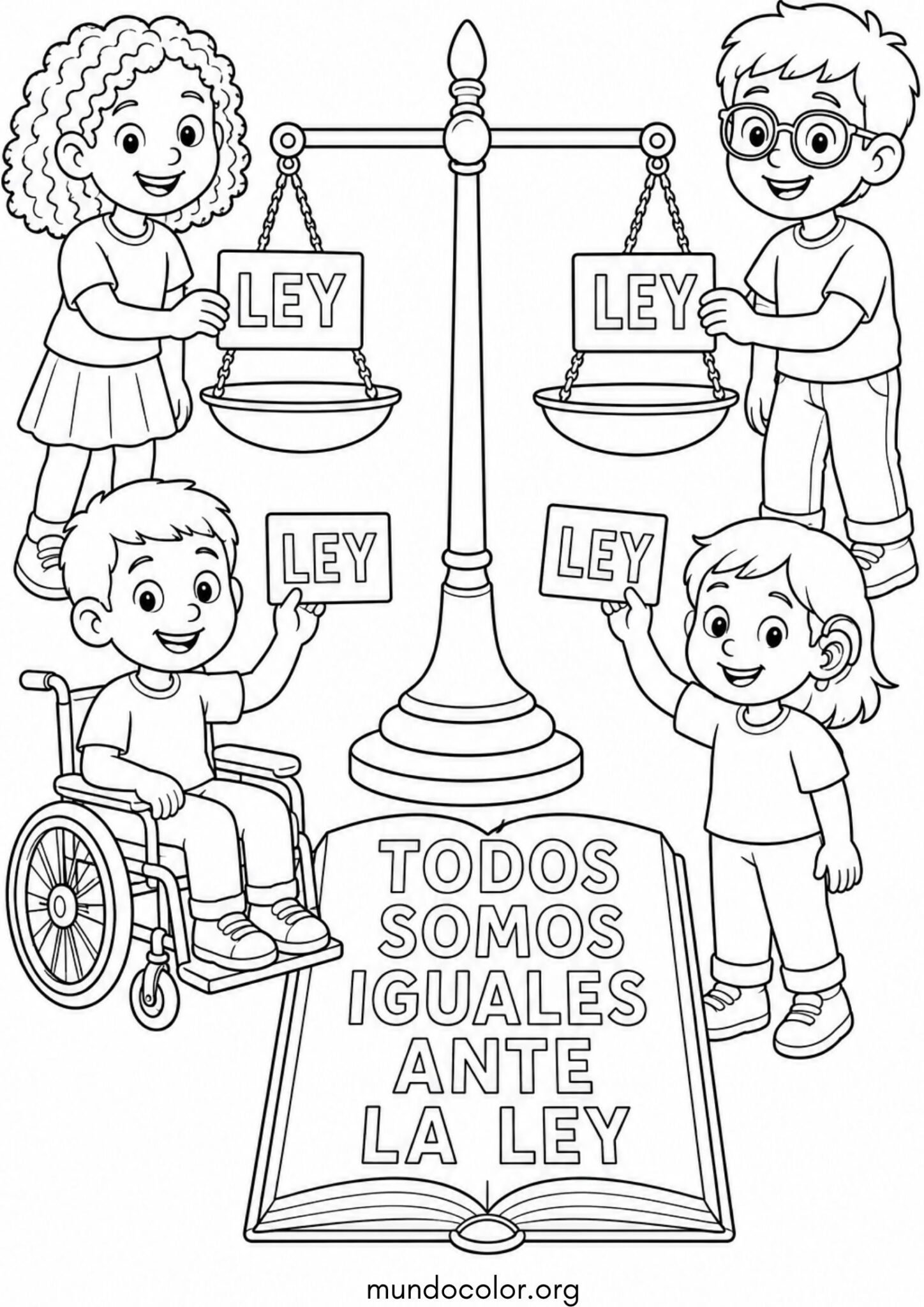 Dibujo de Balanza de la justicia y la igualdad ante la ley para niños para colorear