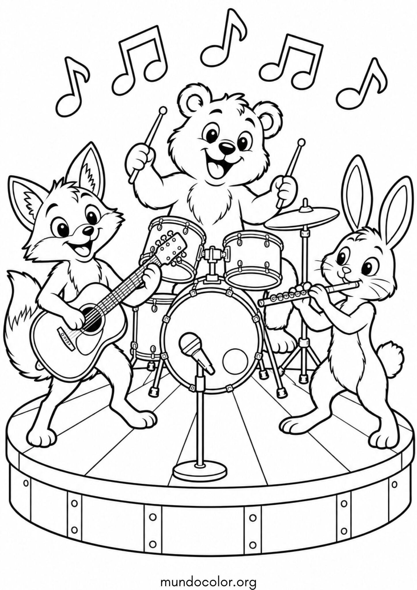 Dibujo de Día de la Música – Banda de música de animales del bosque en el escenario para colorear