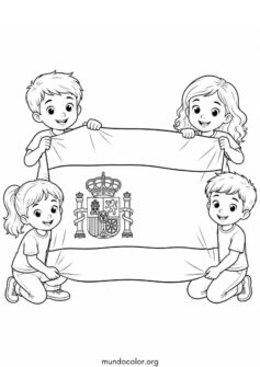 Bandera de España con niños sonrientes sosteniéndola