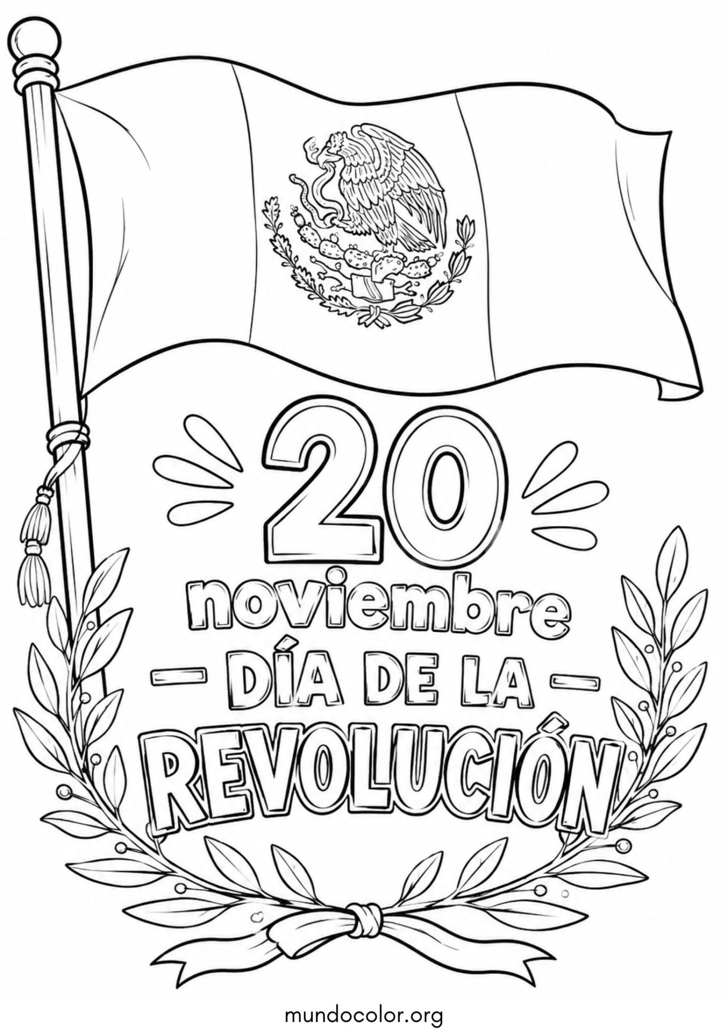 Día de la Revolución Mexicana – Bandera de México con frase 20 de Noviembre Día de la Revolución para imprimir y pintar Dibujo de Día de la Revolución Mexicana – Bandera de México con frase 20 de Noviembre Día de la Revolución para colorear