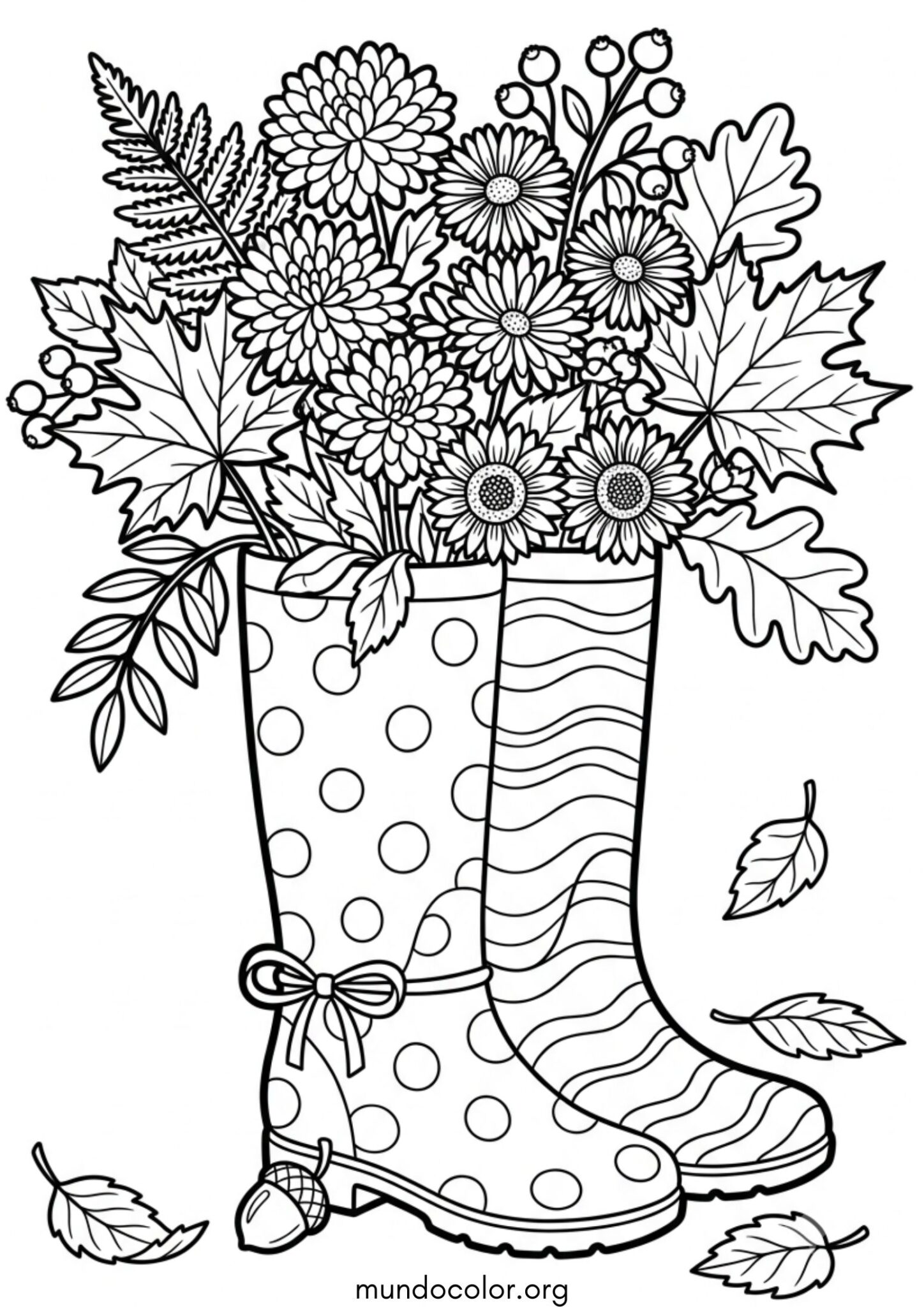 Dibujo de Otoño – Botas de lluvia con flores y hojas de otoño para colorear