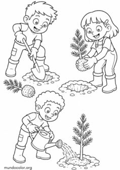 Día del Medio Ambiente – Brigada infantil de reforestación plantando pinos