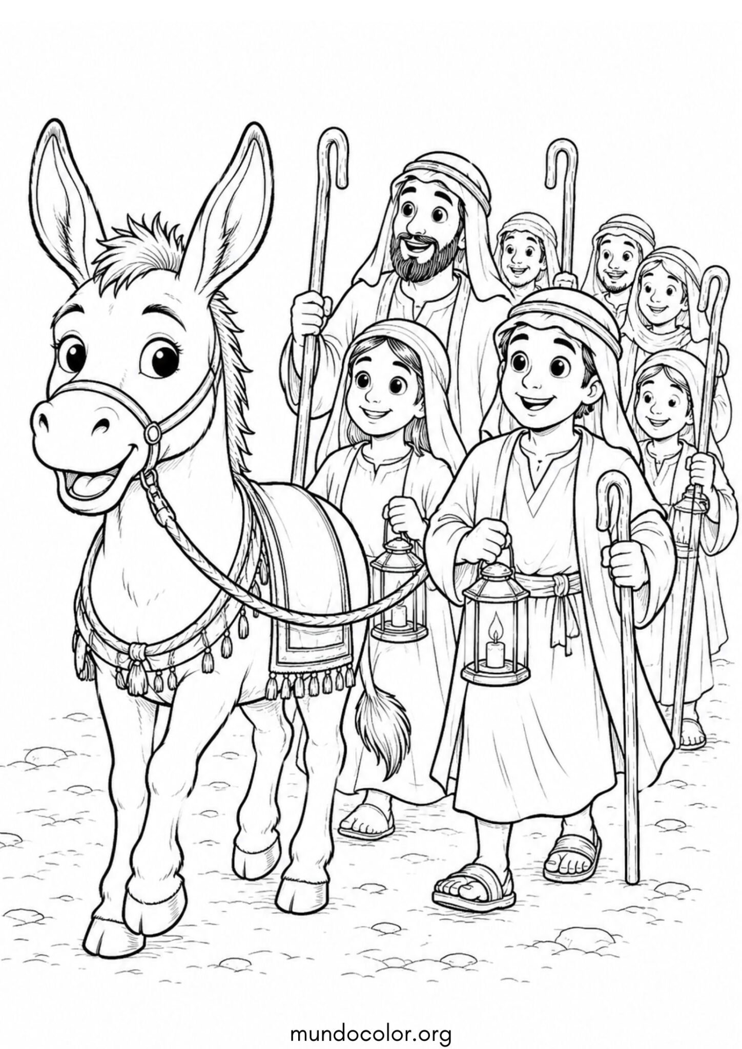 Dibujo de Las Posadas Navideñas – Burrito sabanero feliz acompañando a los peregrinos para colorear