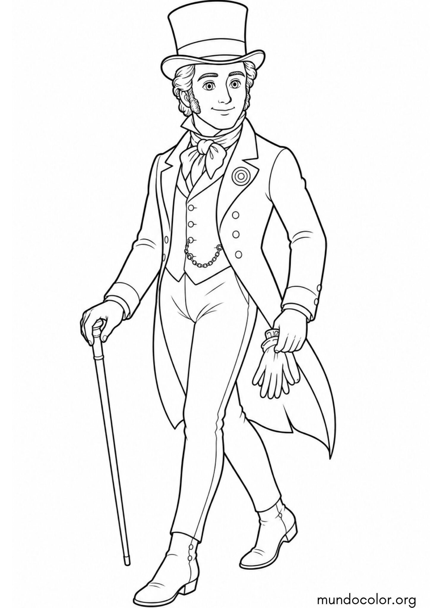 Dibujo de Revolución de Mayo – Caballero colonial con frac, galera (sombrero de copa) y bastón para colorear