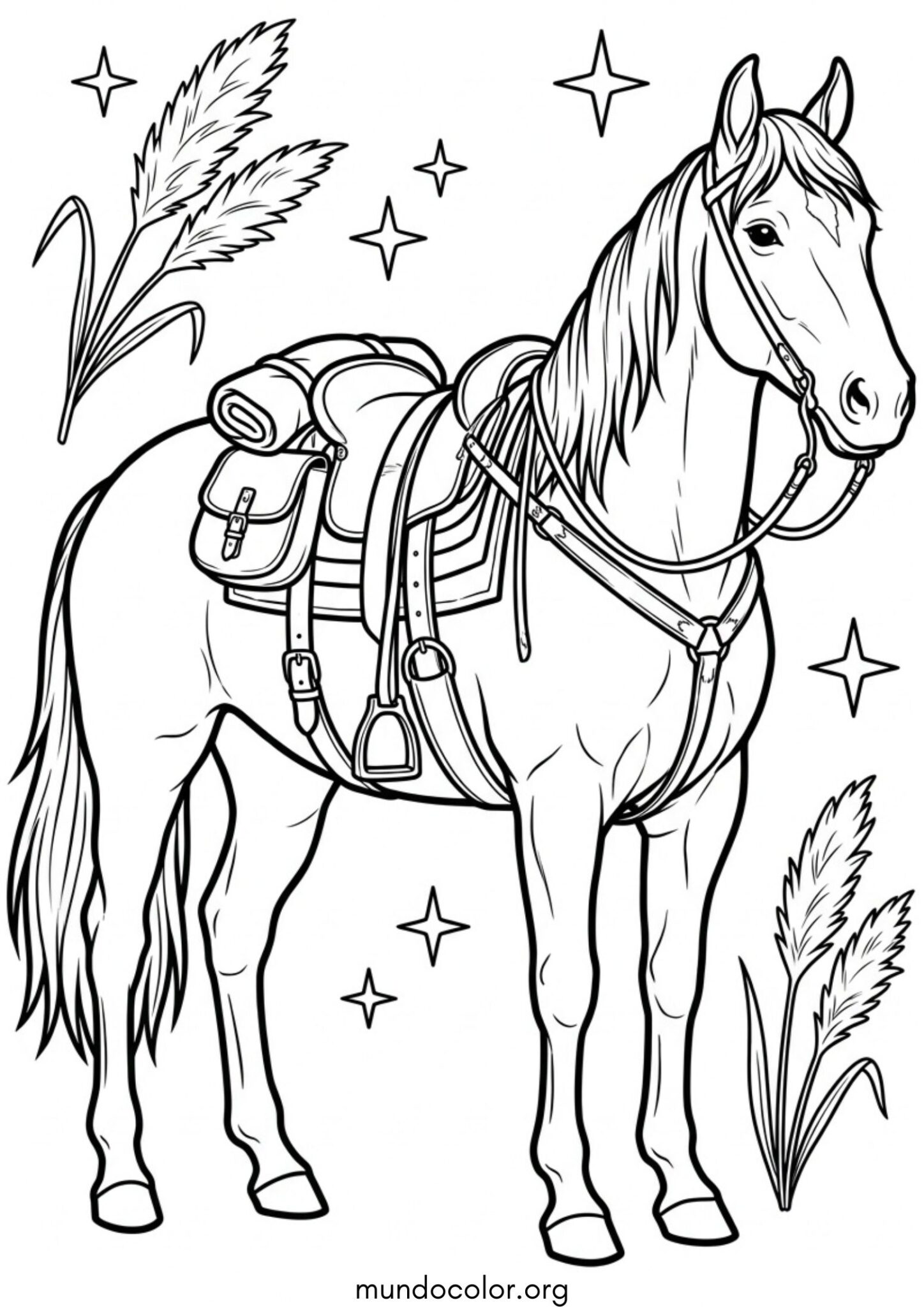 Dibujo de Día de la Tradición en Argentina – Caballo criollo argentino con montura y estribos para colorear