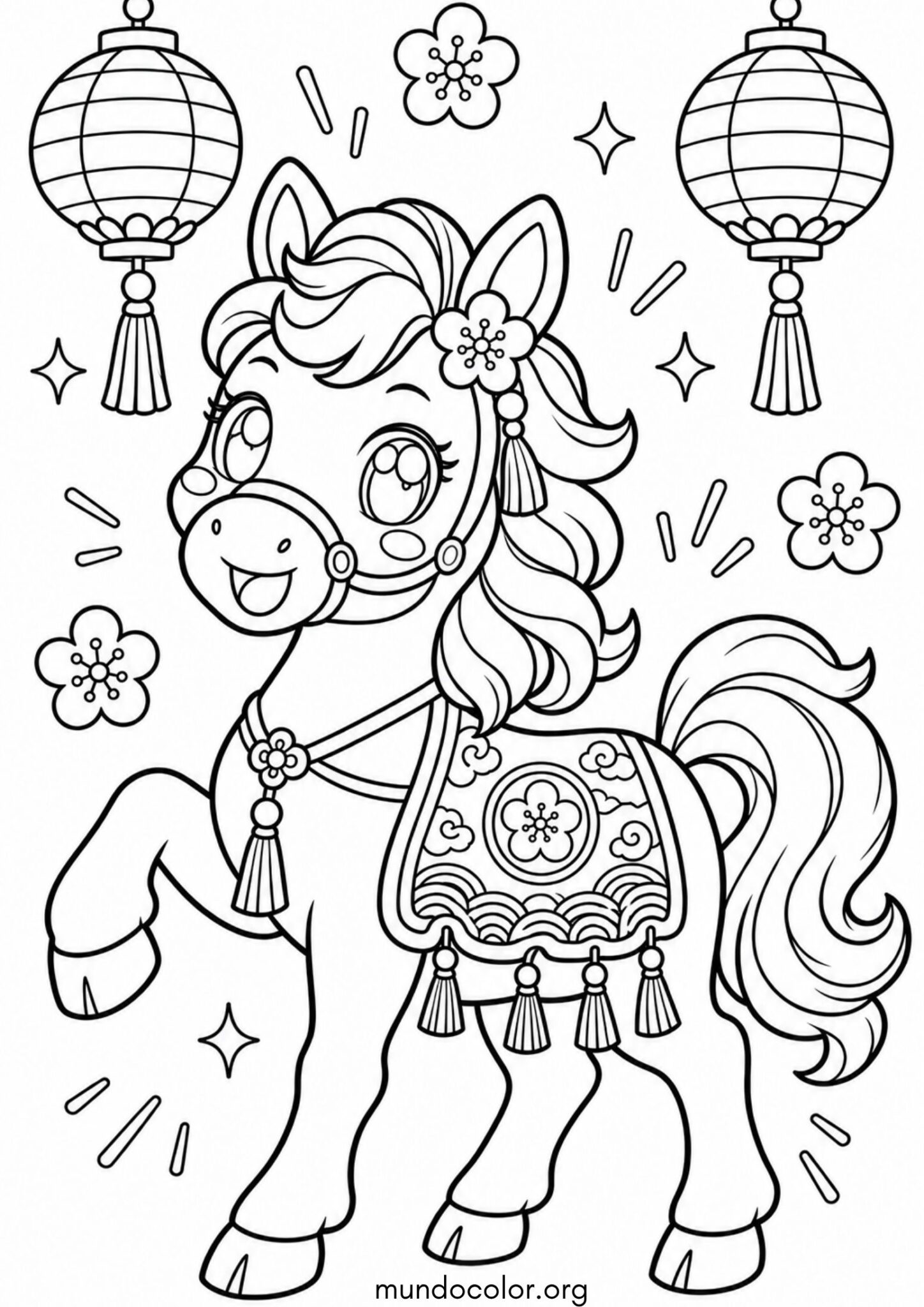 Dibujo de 🐎 Caballo kawaii del horóscopo chino para colorear